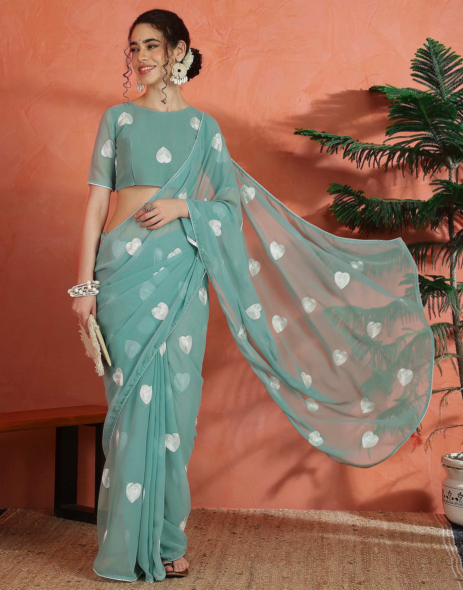 Mint Green Georgette Embroidery Saree