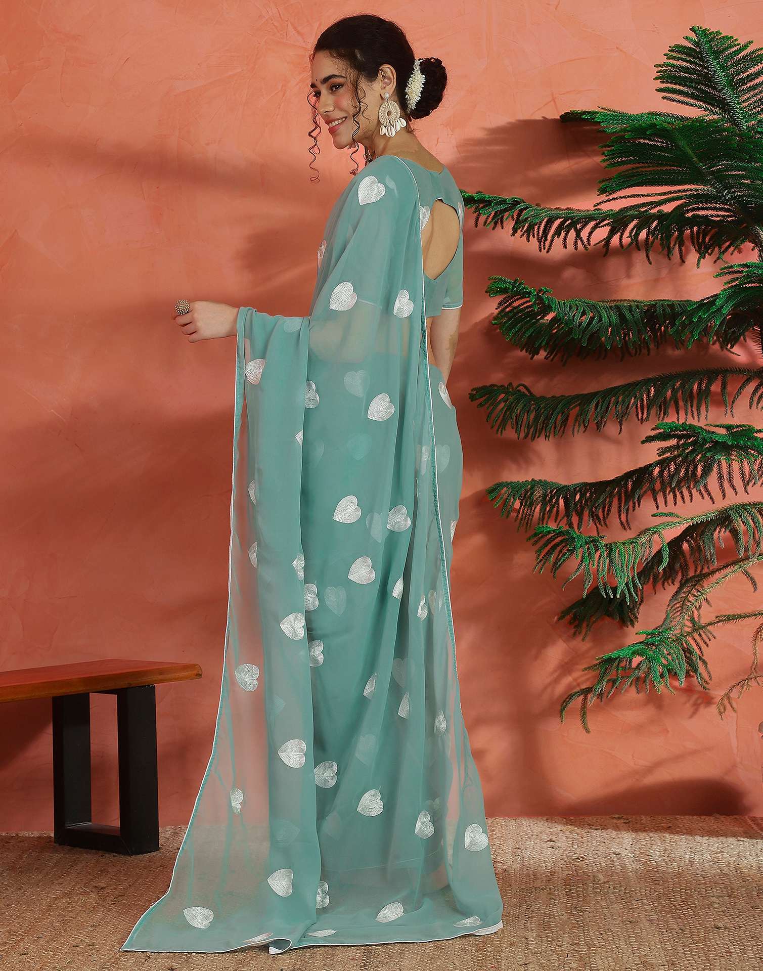 Mint Green Georgette Embroidery Saree