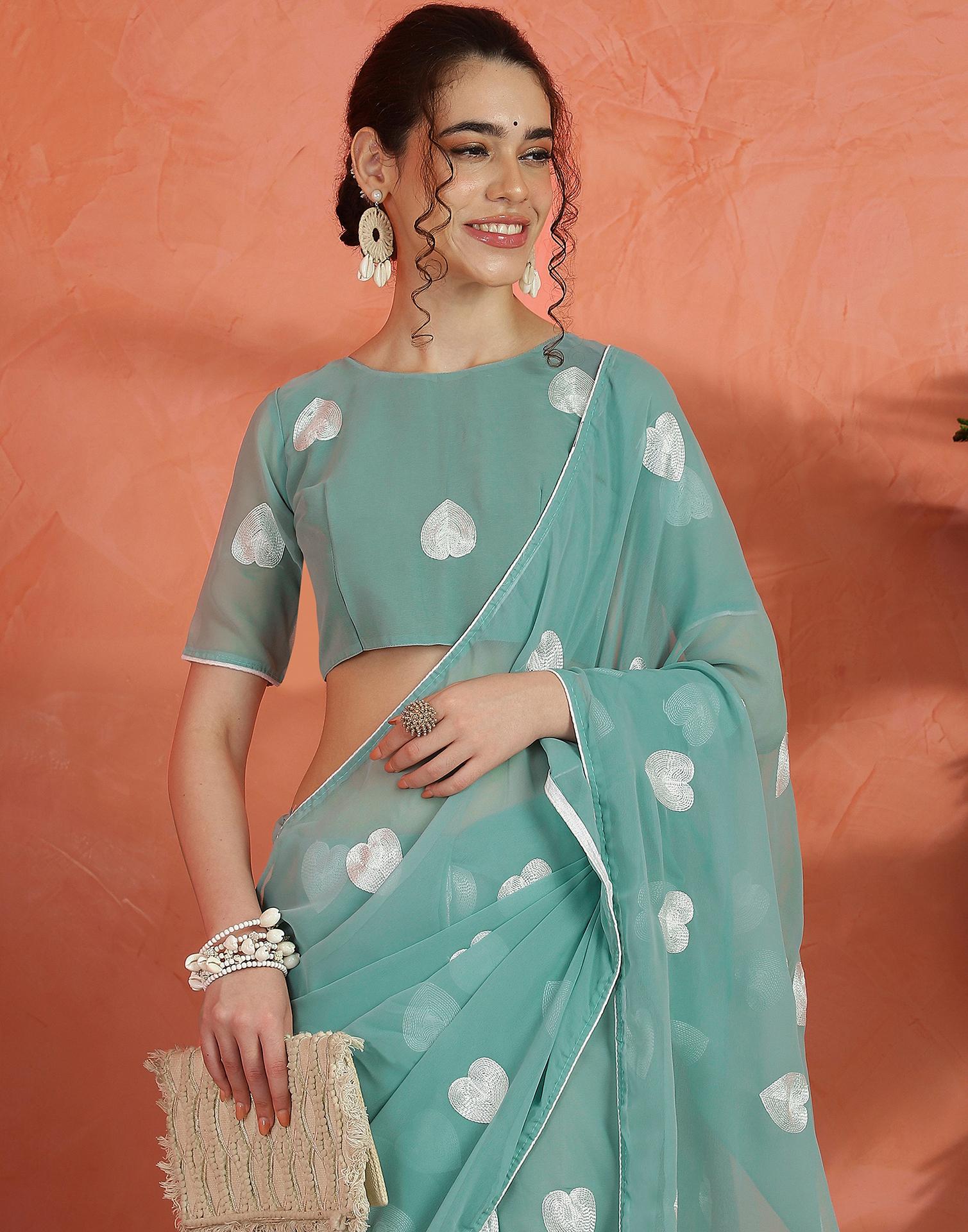 Mint Green Georgette Embroidery Saree