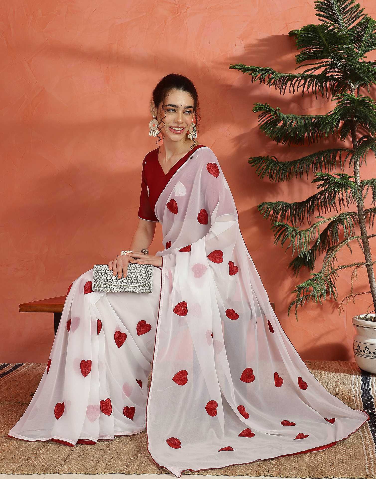 White Georgette Embroidery Saree