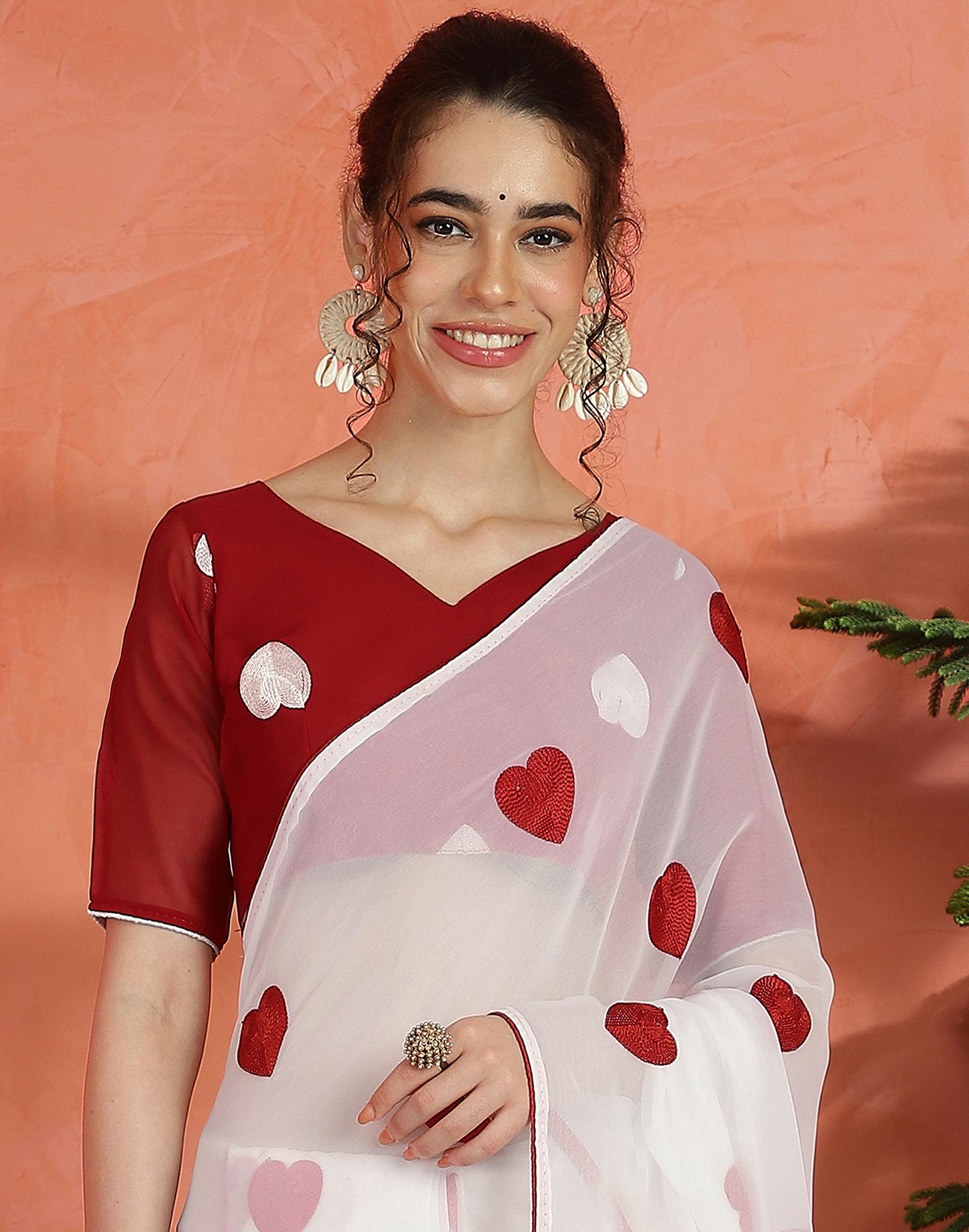 White Georgette Embroidery Saree