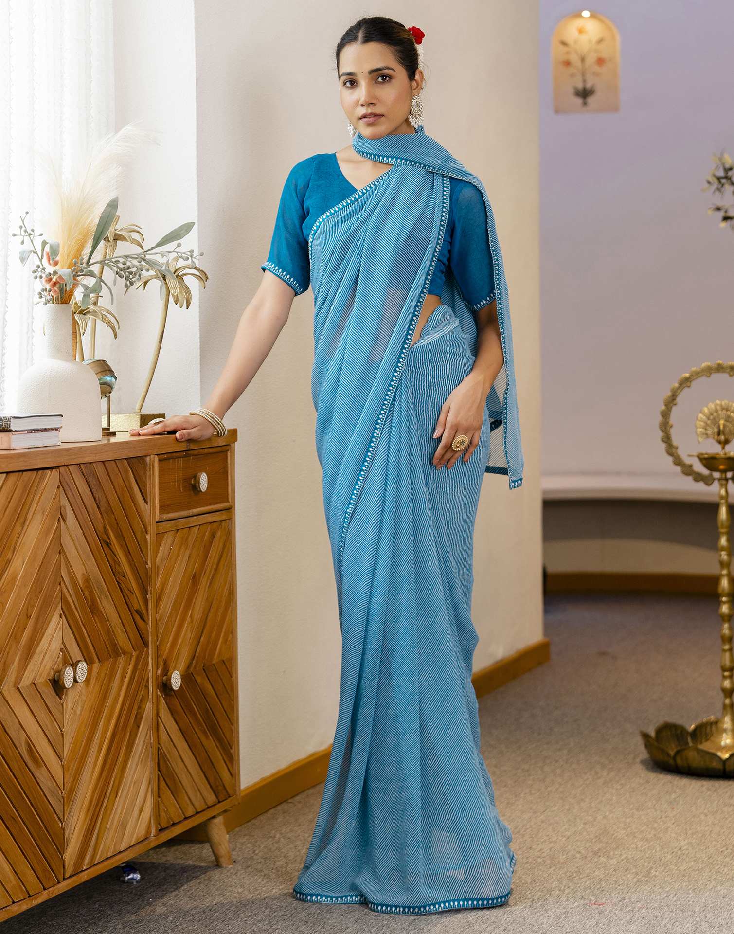 Teal Blue Georgette Printed Saree