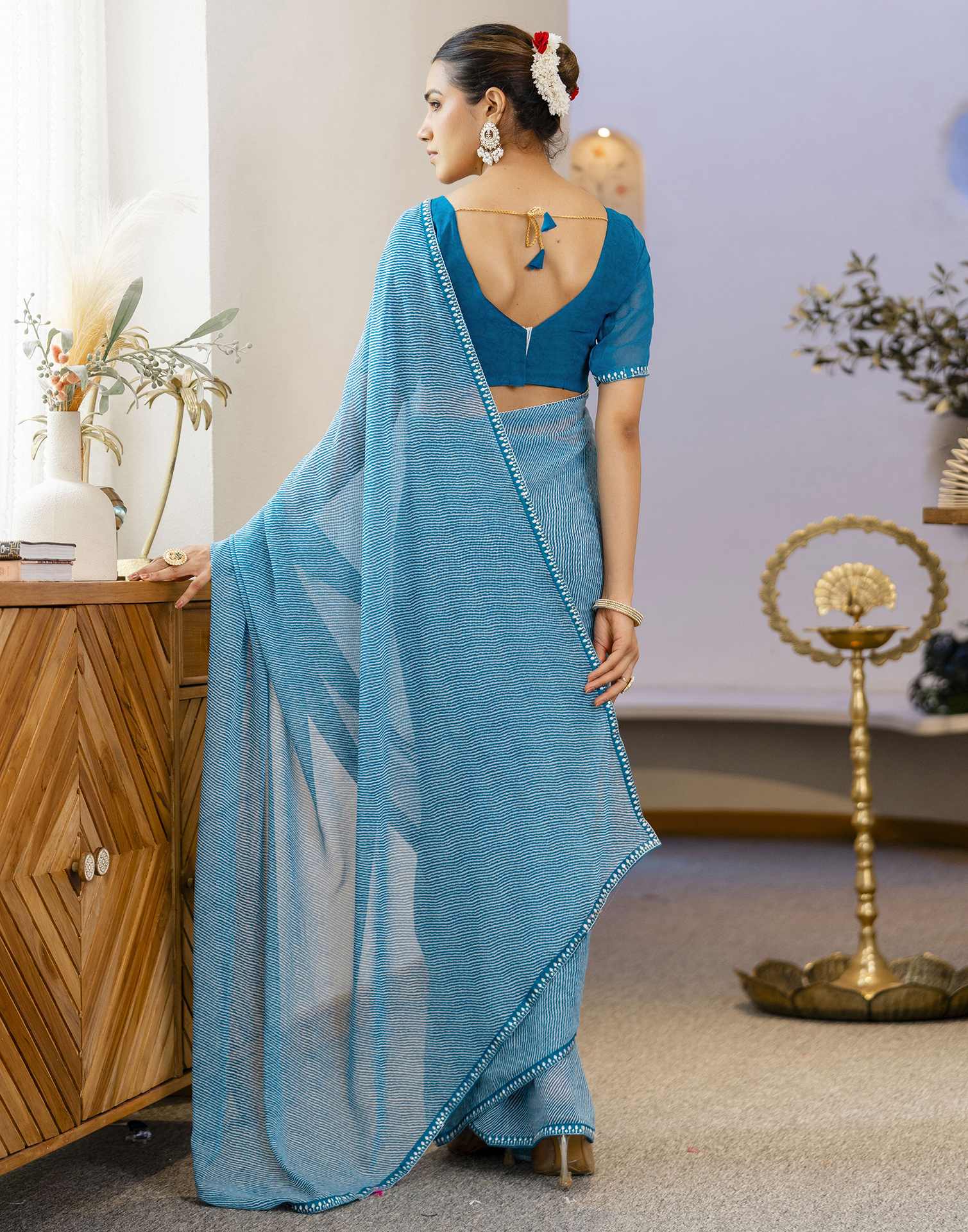 Teal Blue Georgette Printed Saree