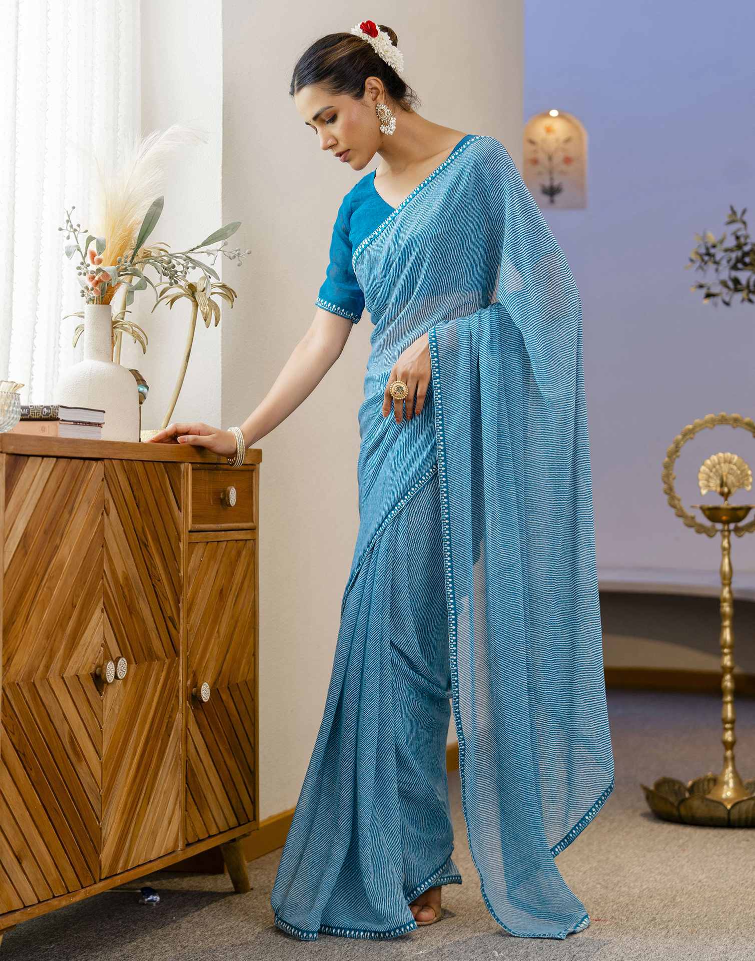 Teal Blue Georgette Printed Saree