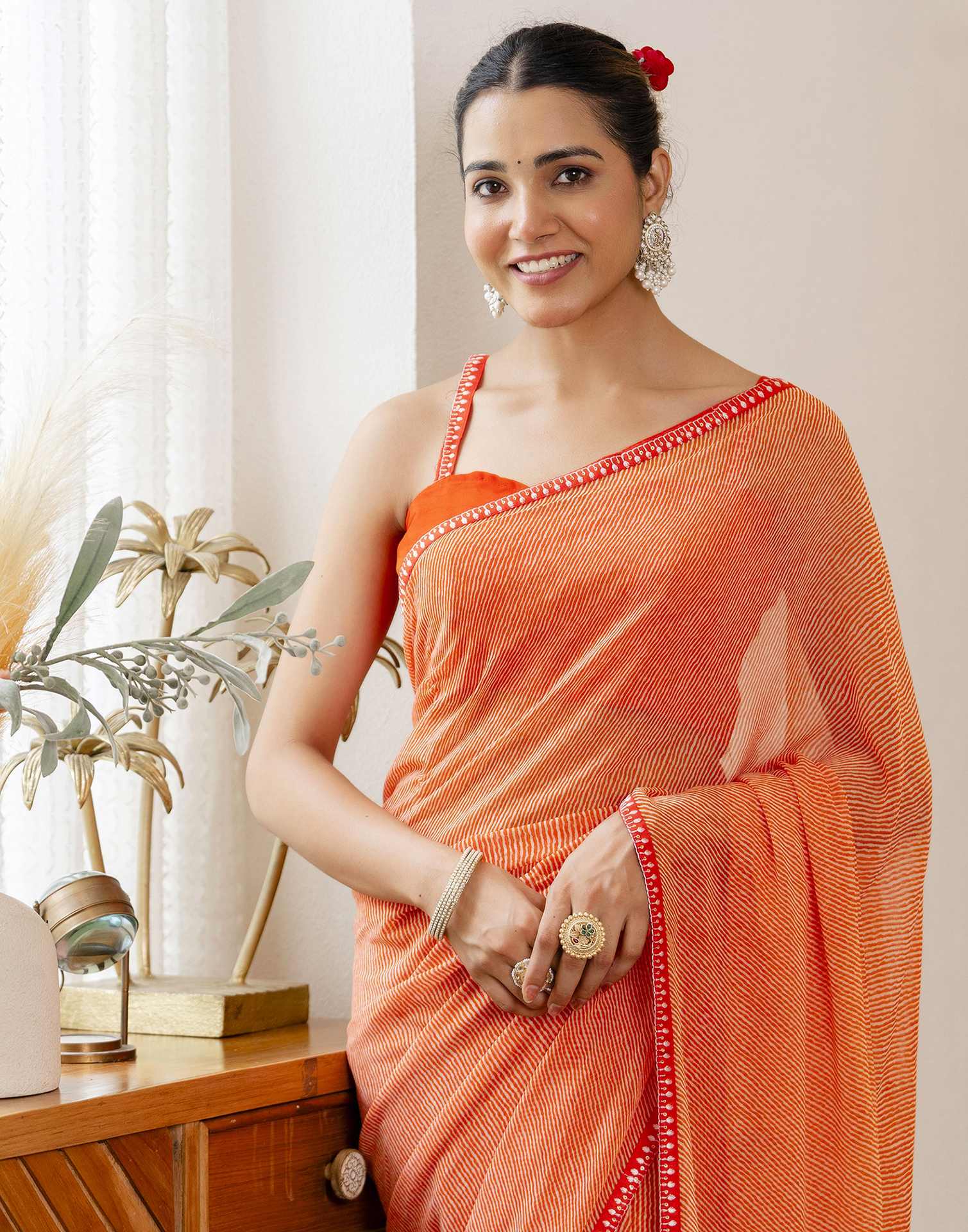 Orange Georgette Printed Saree
