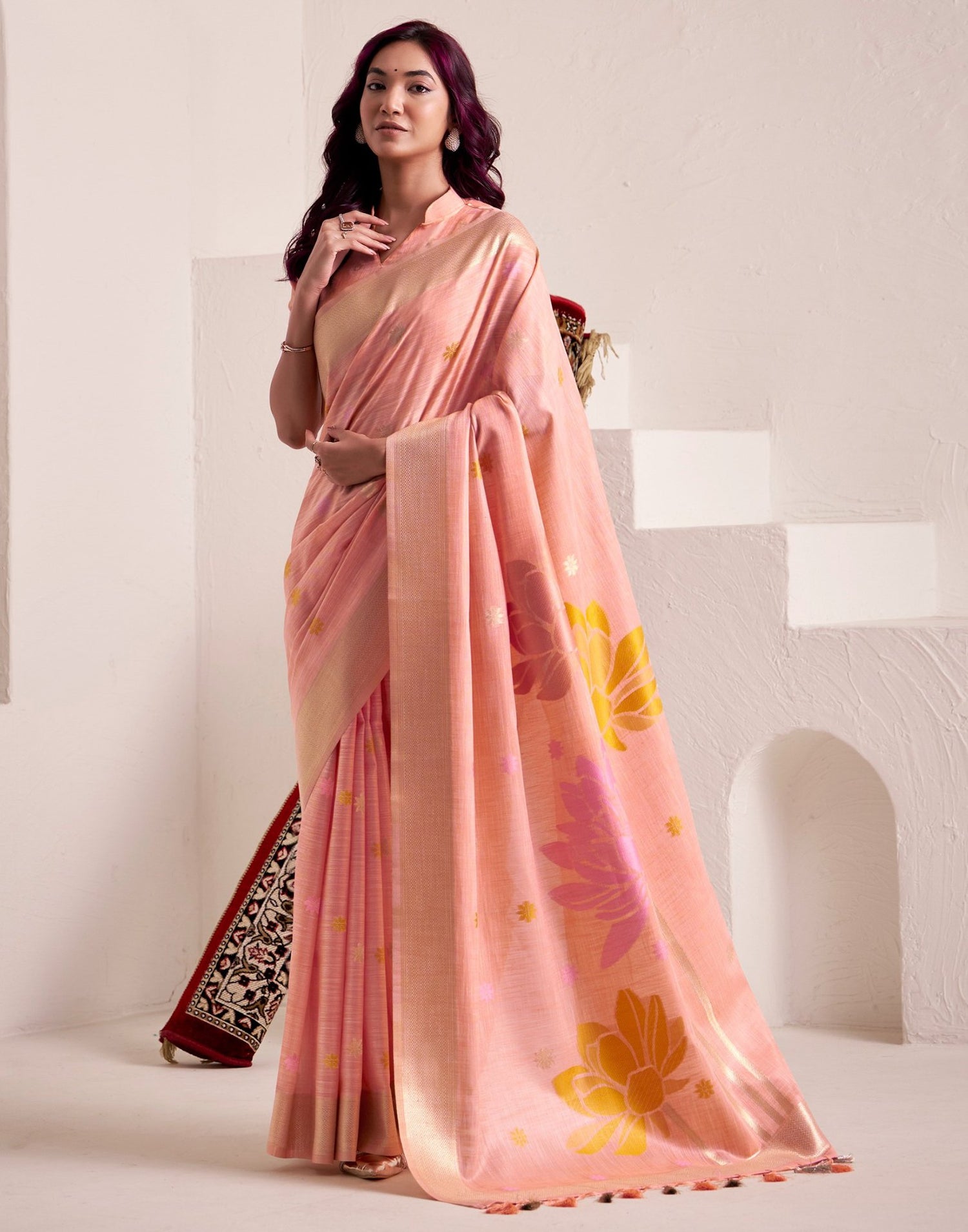 Peach Linen Woven Saree