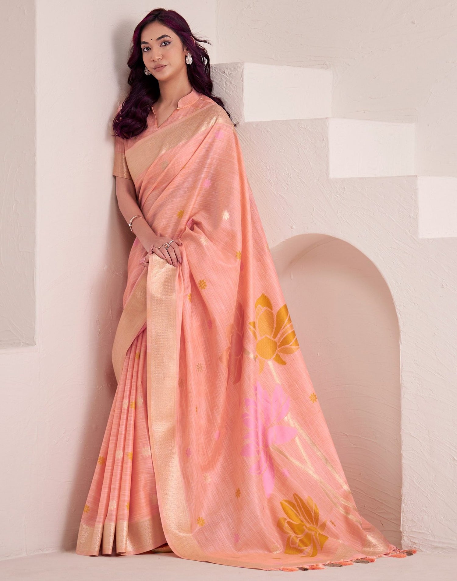 Peach Linen Woven Saree