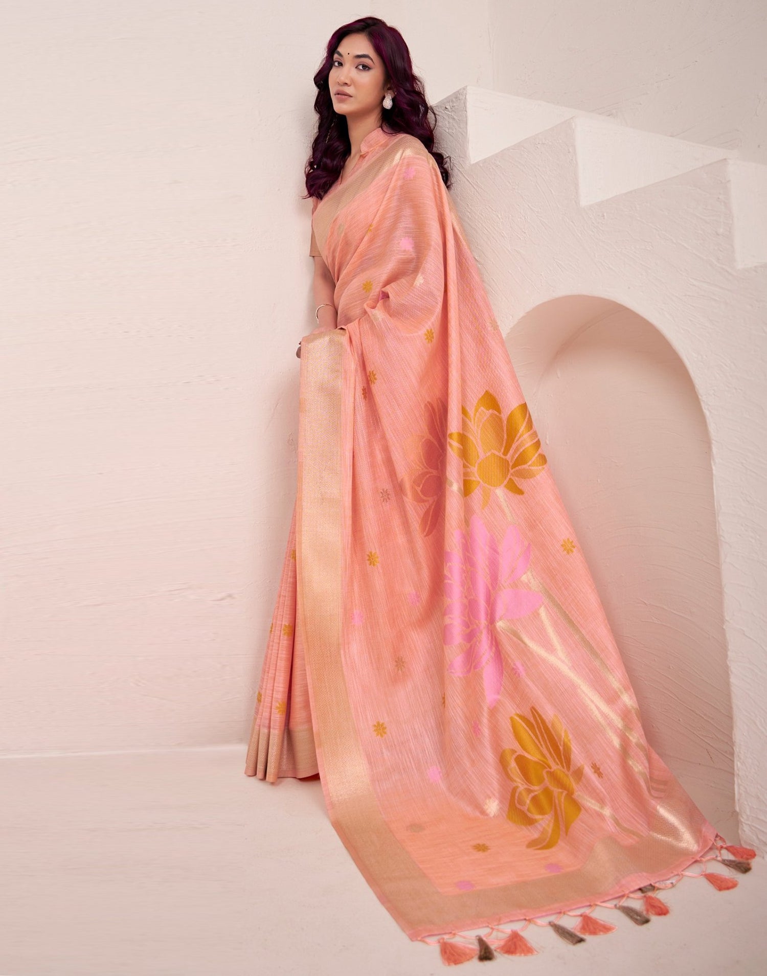 Peach Linen Woven Saree