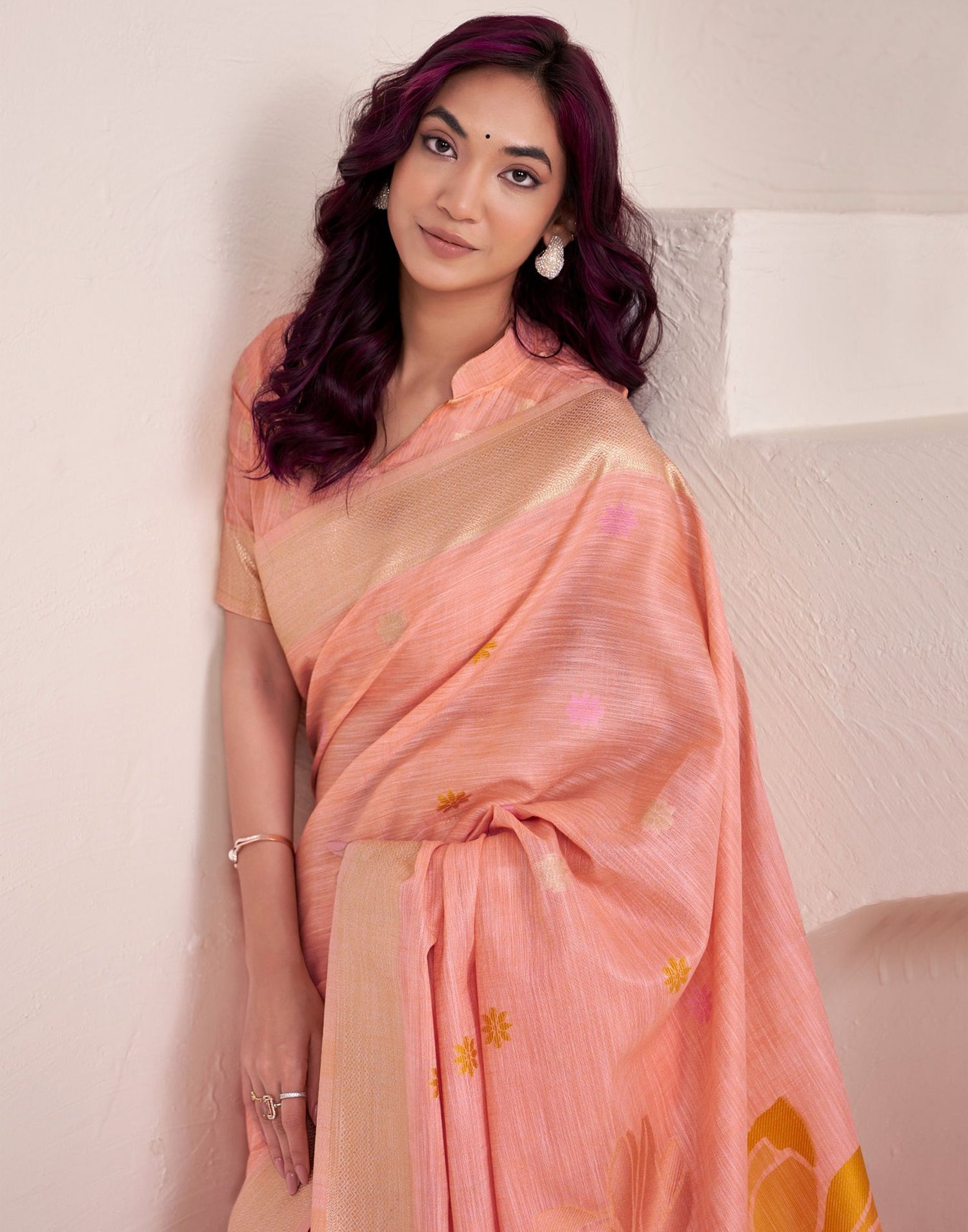 Peach Linen Woven Saree