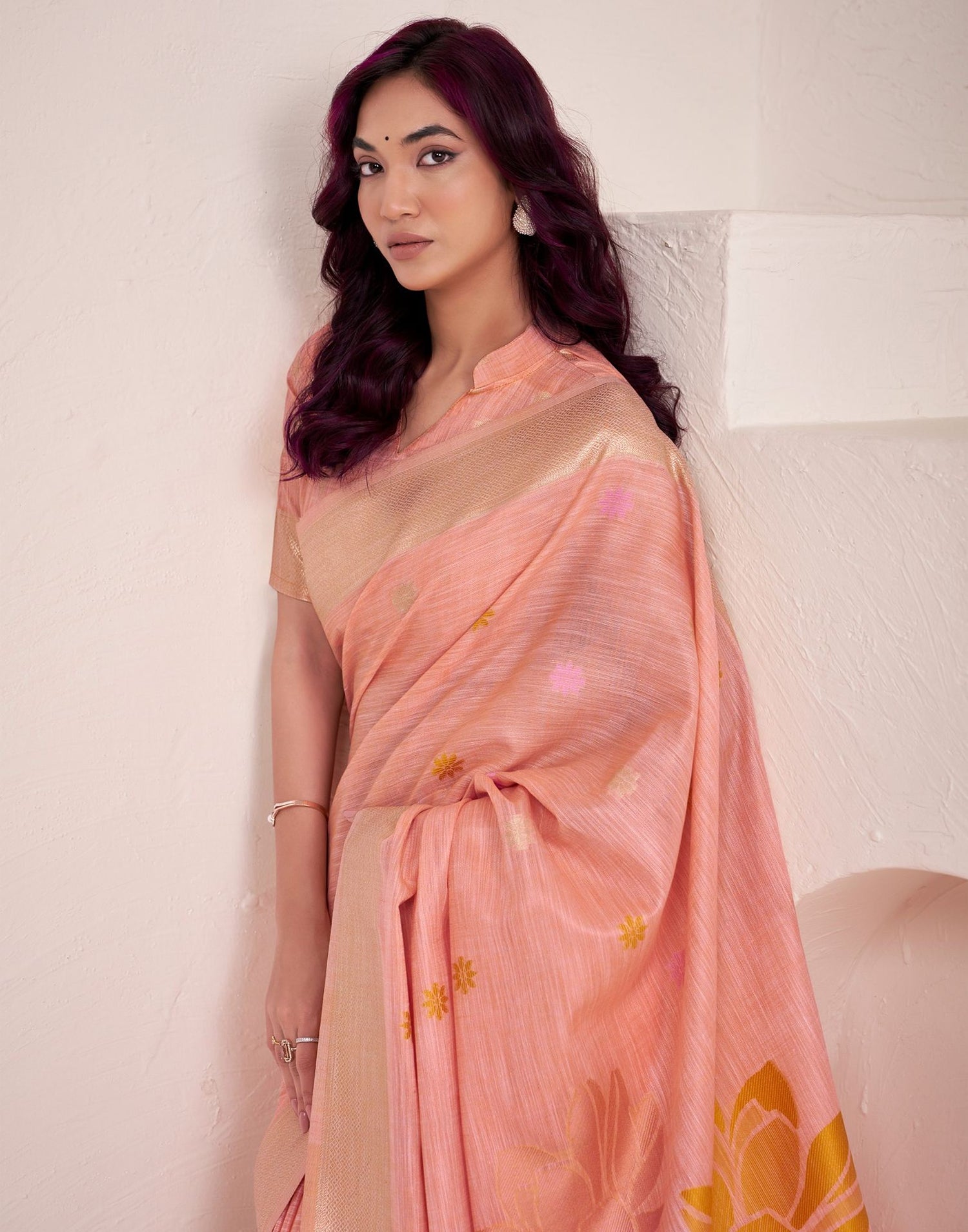 Peach Linen Woven Saree