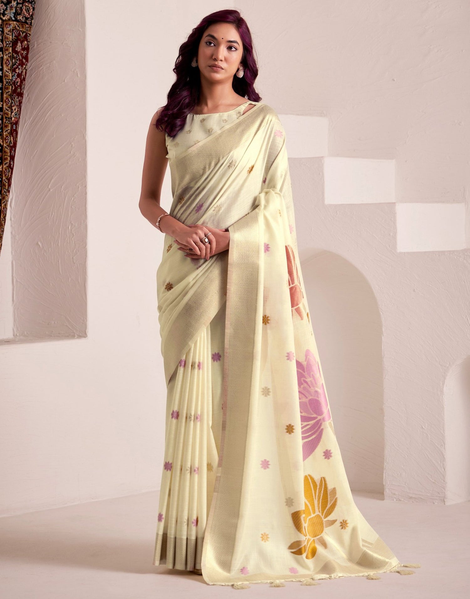 Cream Linen Woven Saree