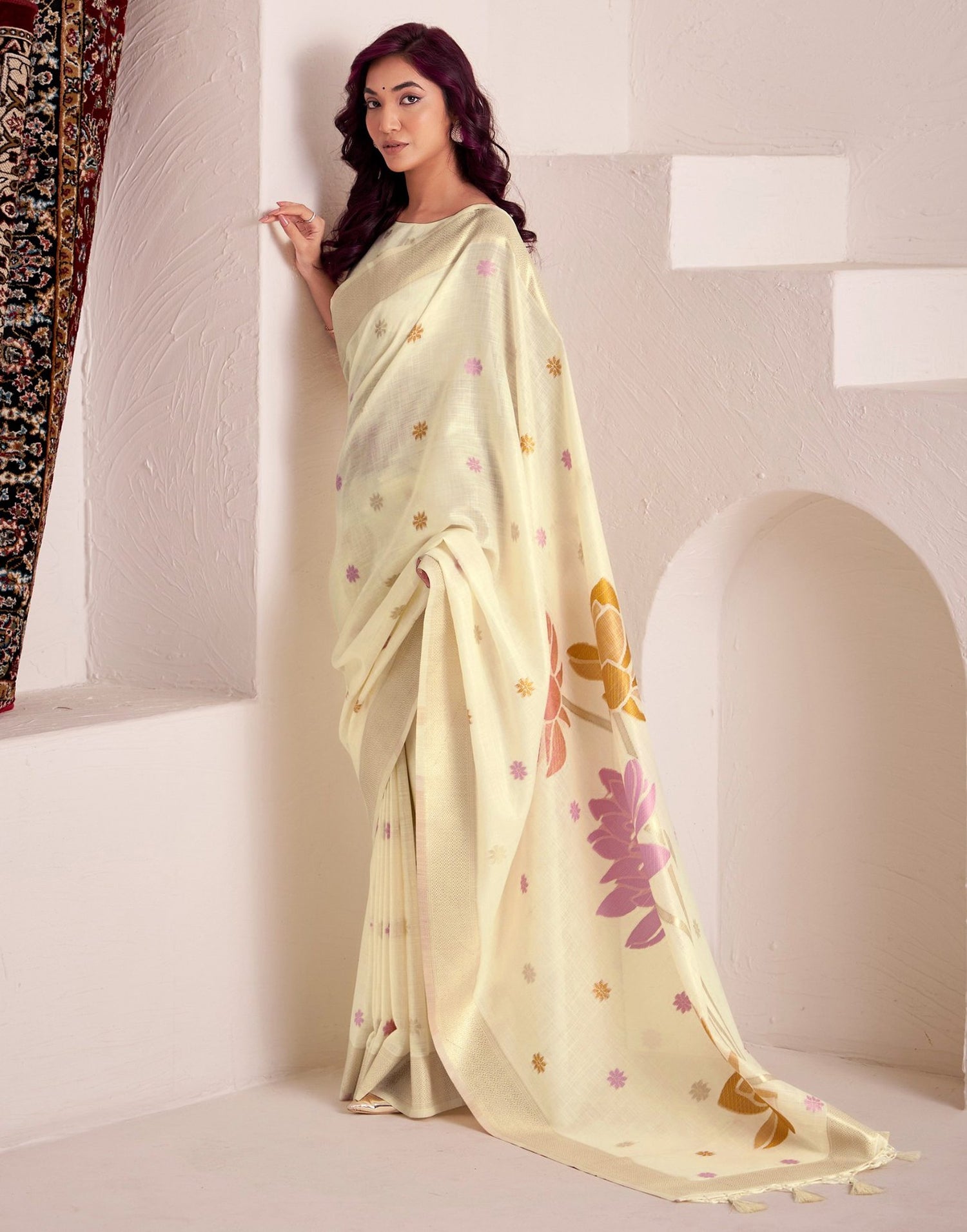 Cream Linen Woven Saree