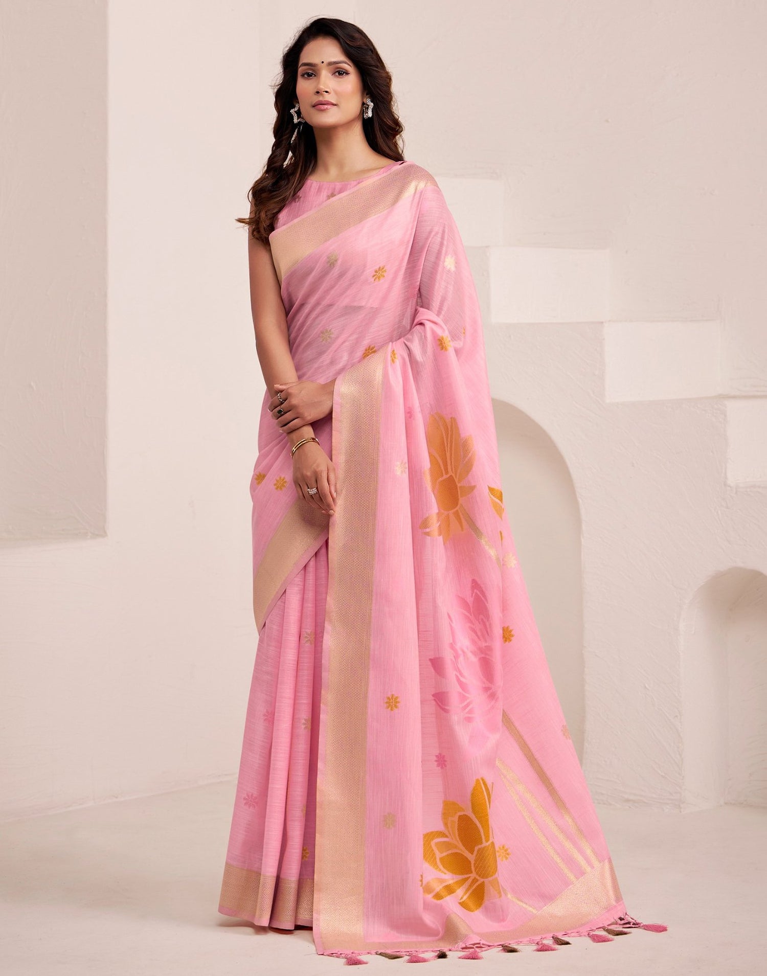 Pink Linen Woven Saree