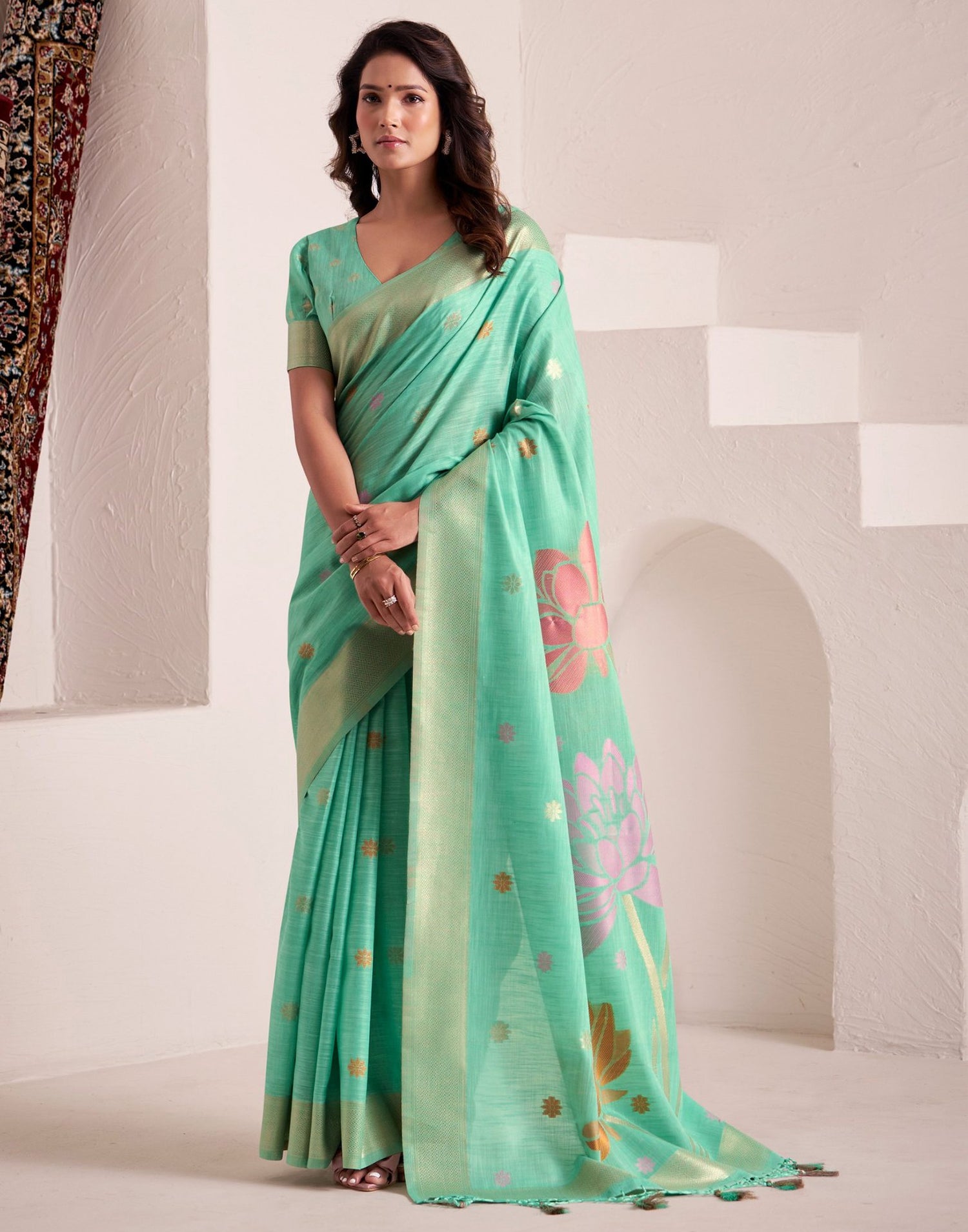 Mint Green Linen Woven Saree