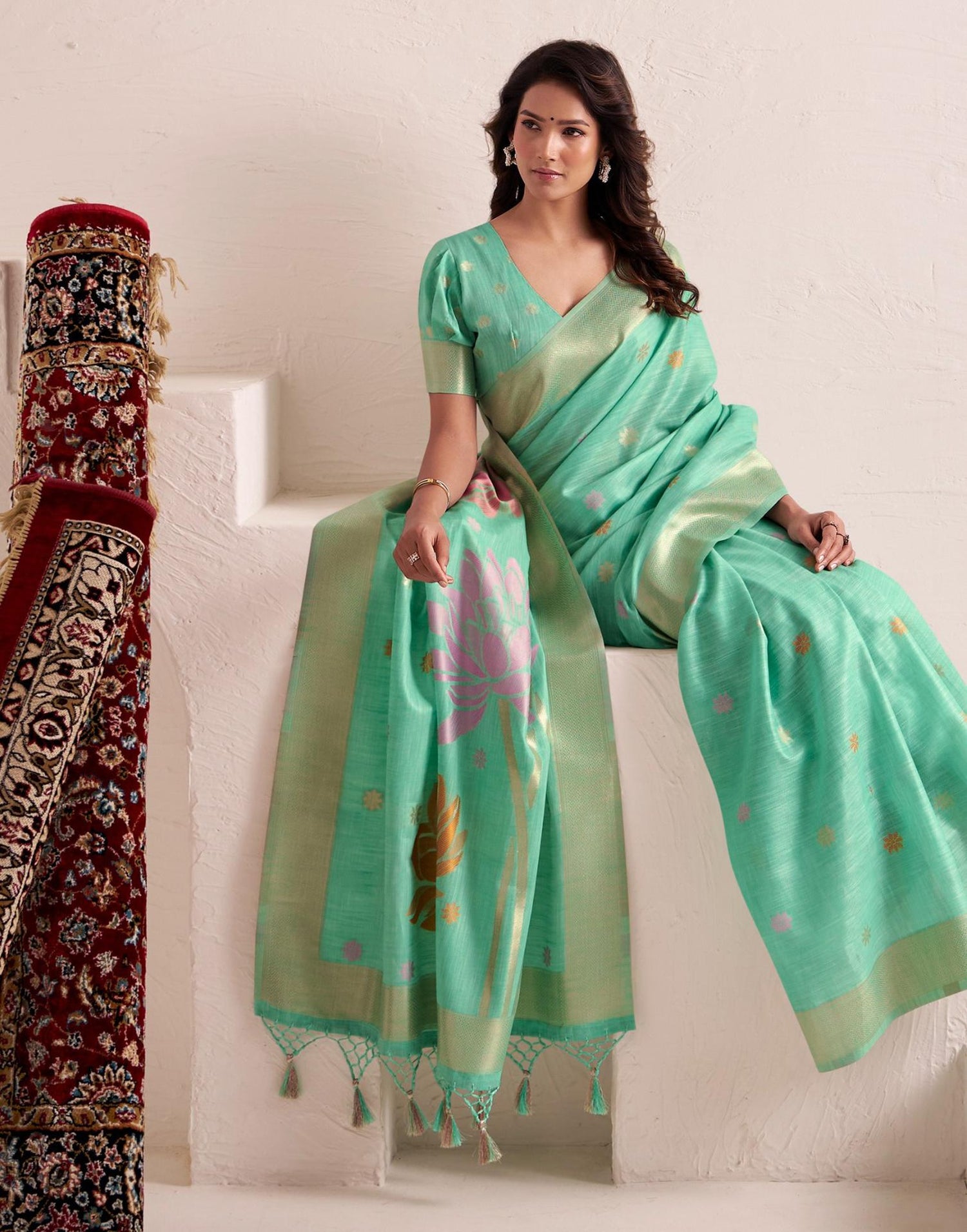 Mint Green Linen Woven Saree