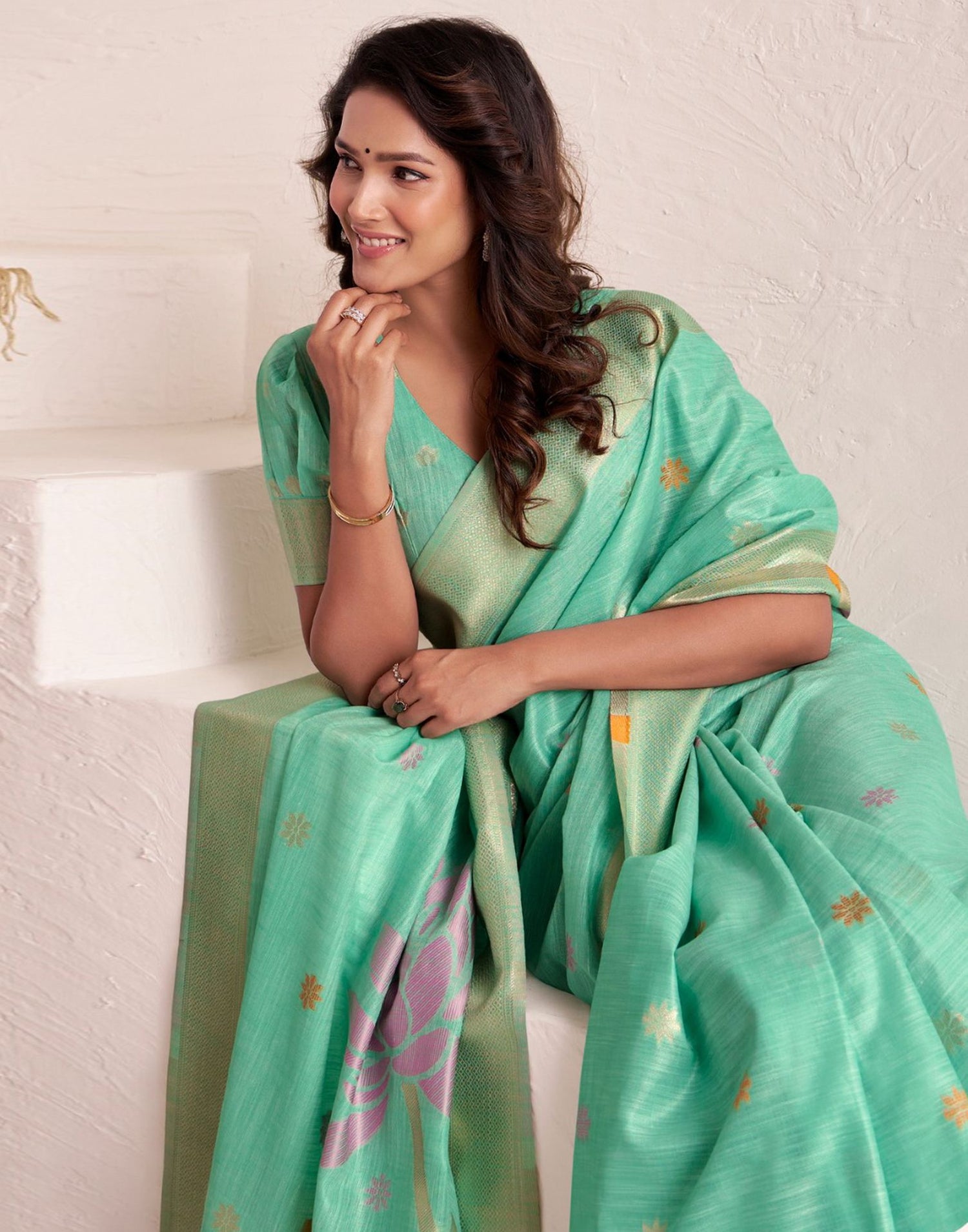 Mint Green Linen Woven Saree