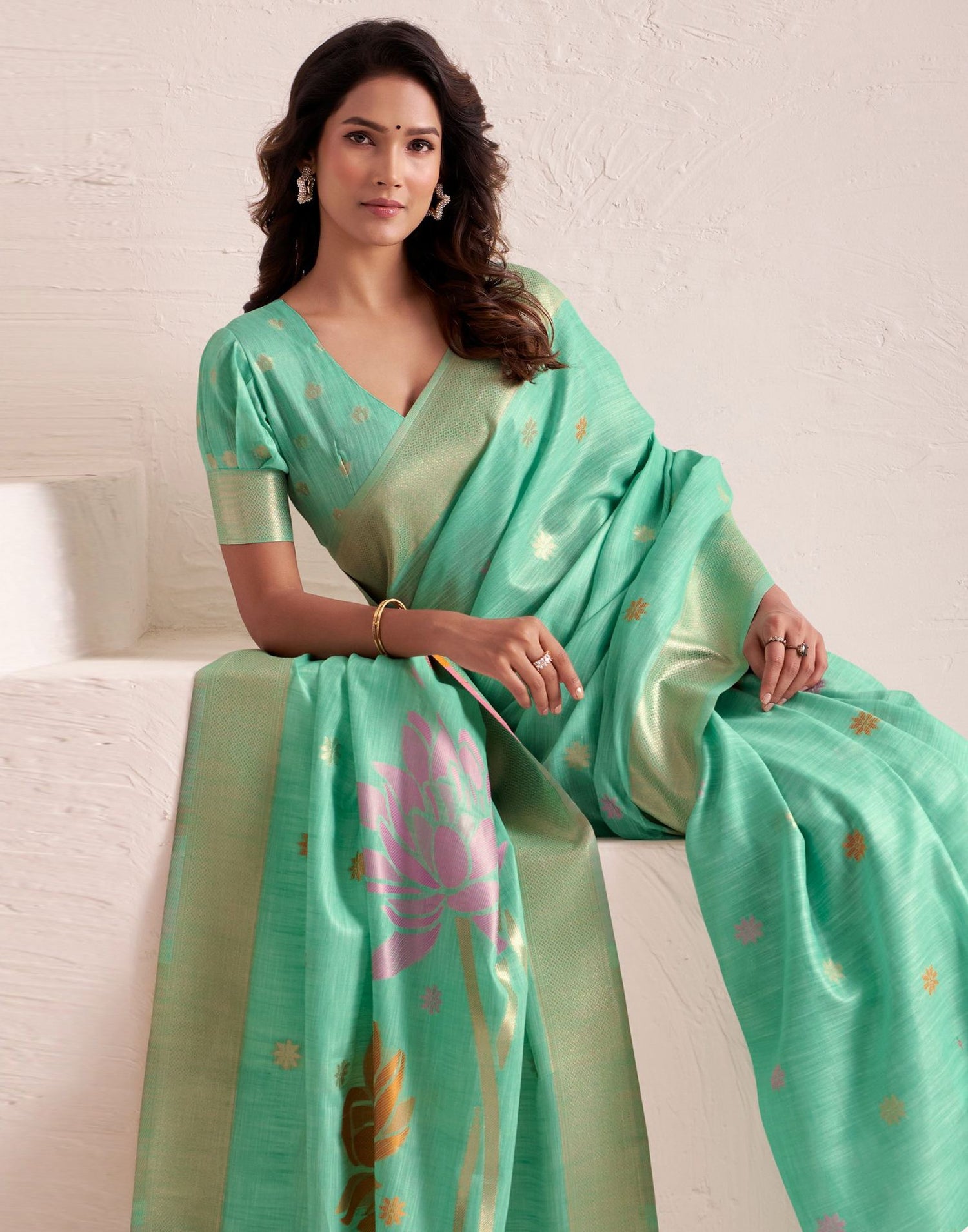 Mint Green Linen Woven Saree