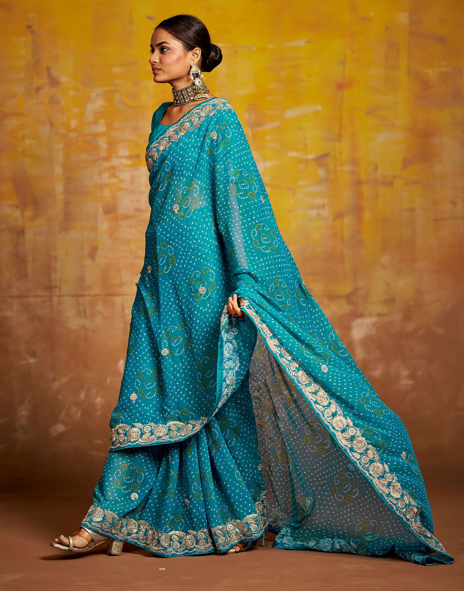 Teal Blue Georgette Bandhani Printed Saree