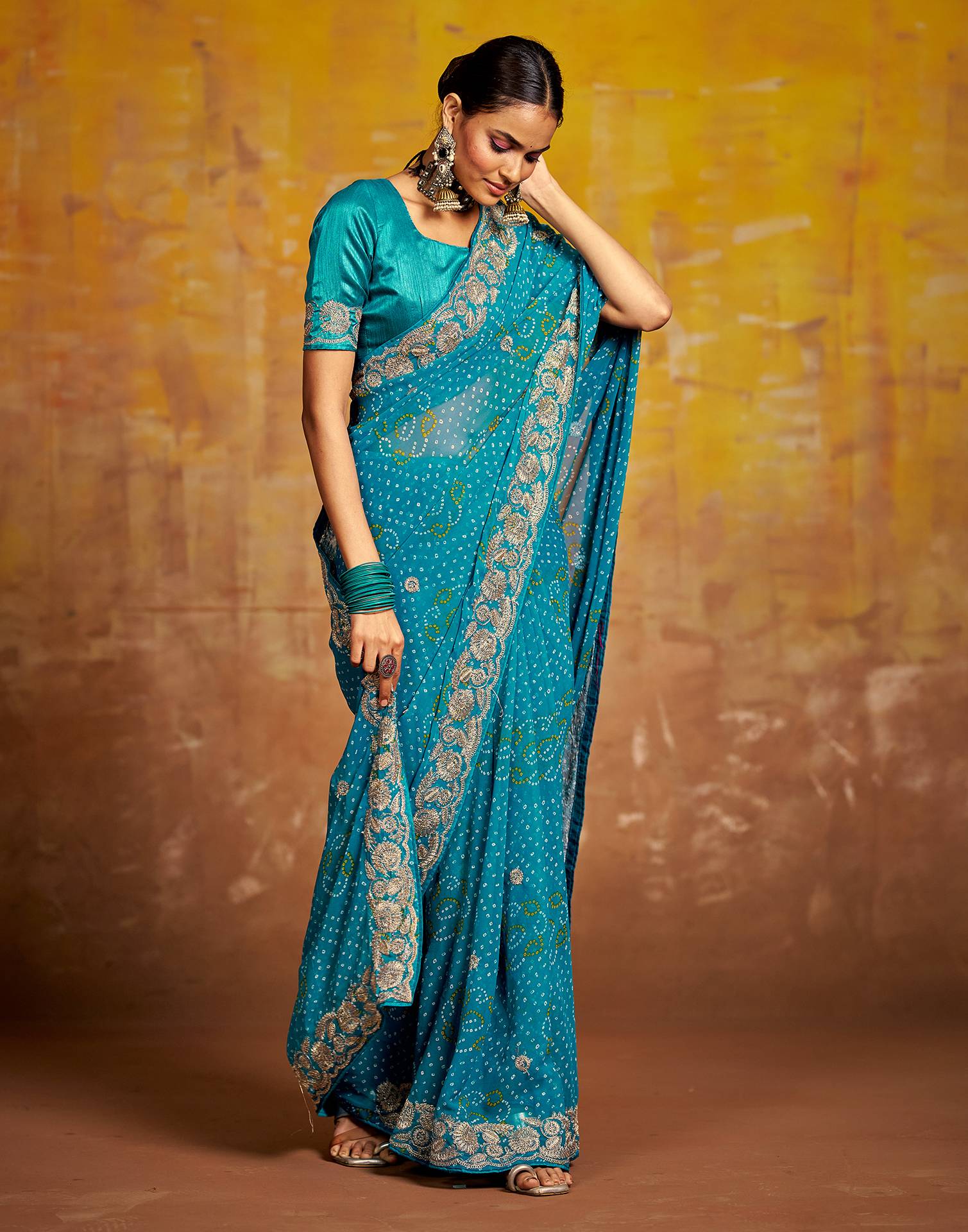 Teal Blue Georgette Bandhani Printed Saree