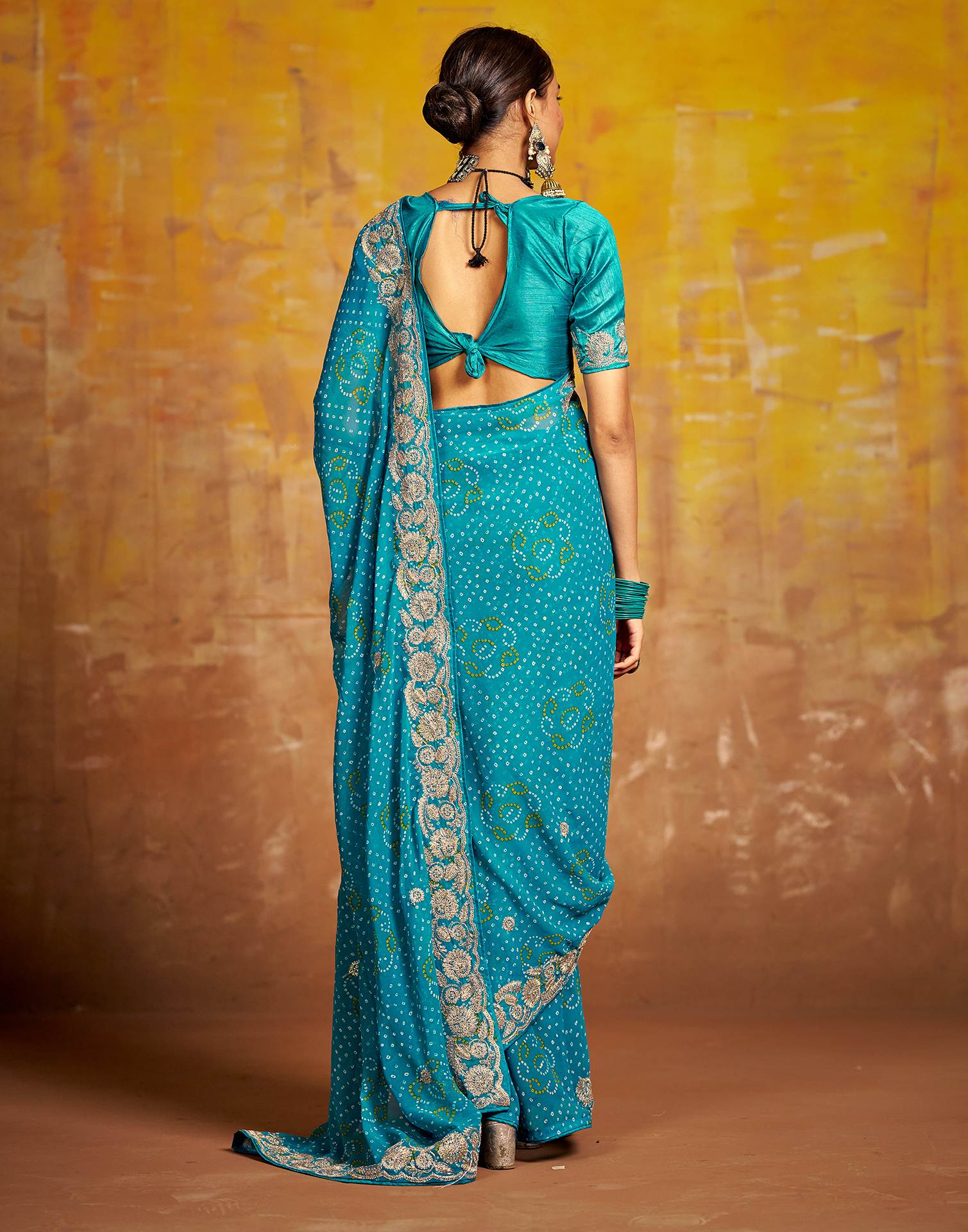 Teal Blue Georgette Bandhani Printed Saree