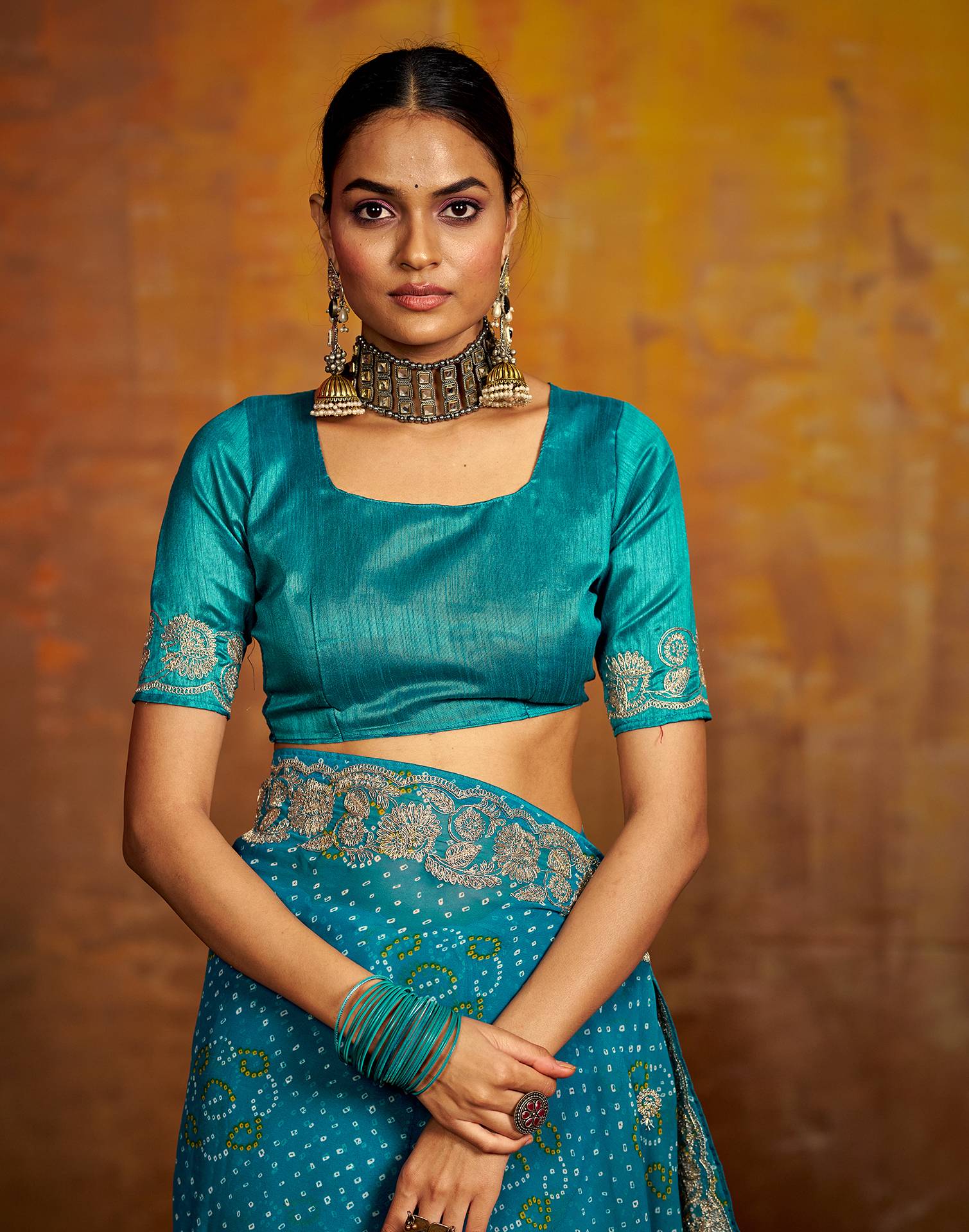 Teal Blue Georgette Bandhani Printed Saree