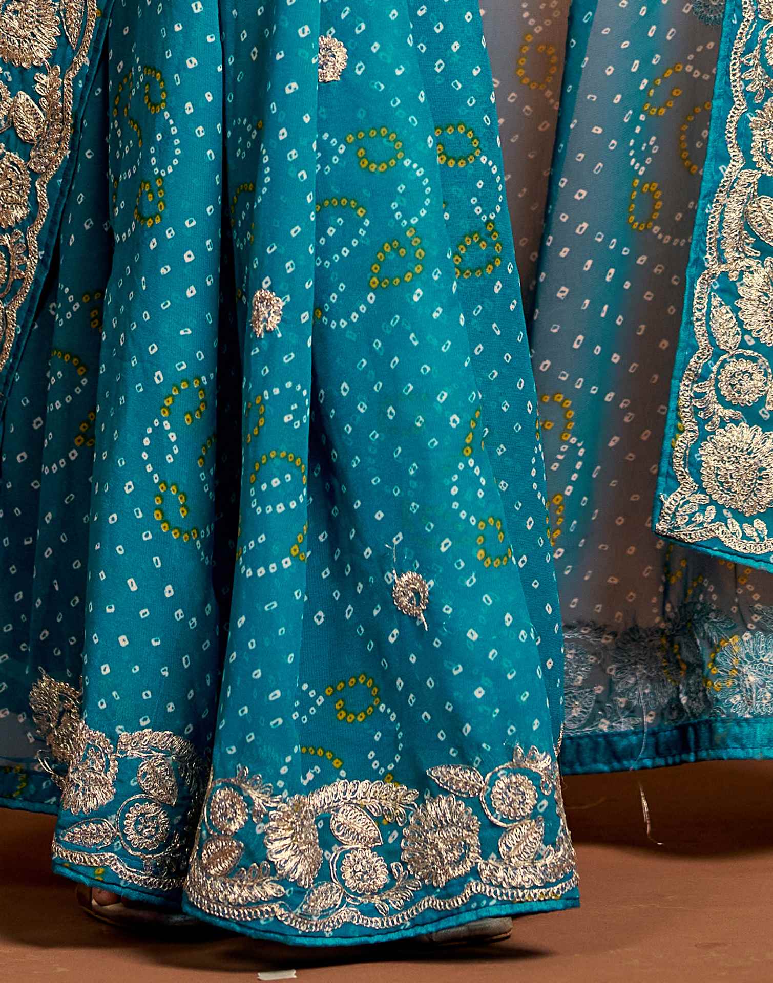 Teal Blue Georgette Bandhani Printed Saree