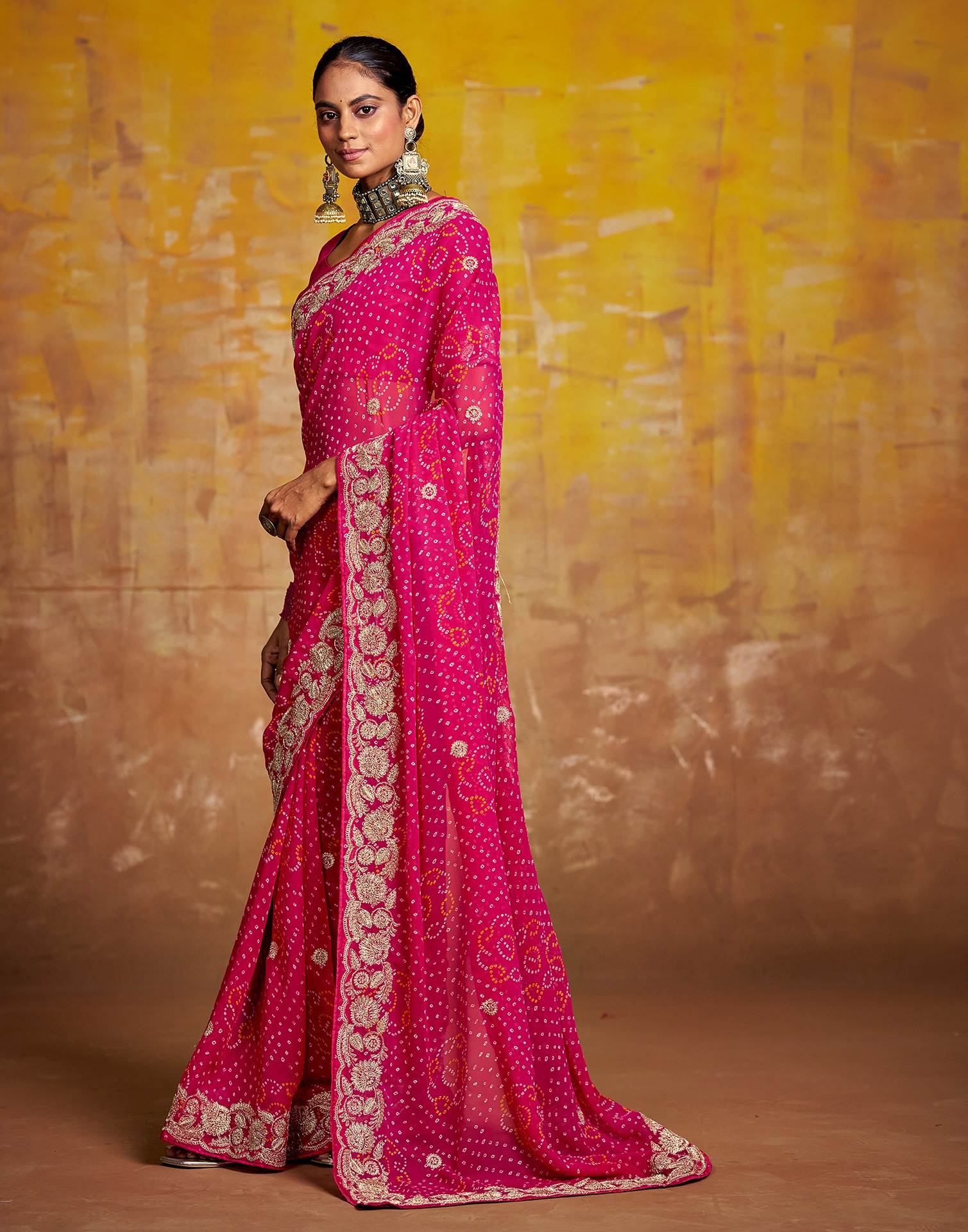 Rani Pink Georgette Bandhani Printed Saree