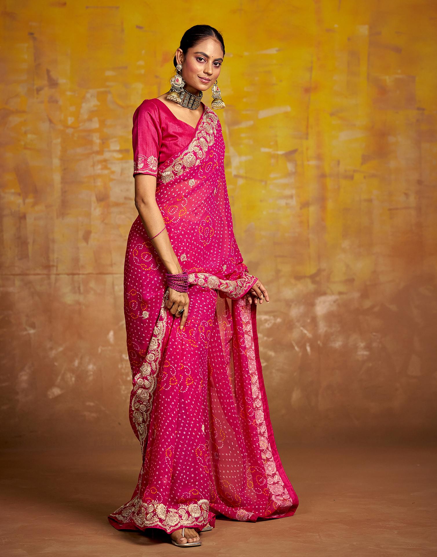 Rani Pink Georgette Bandhani Printed Saree