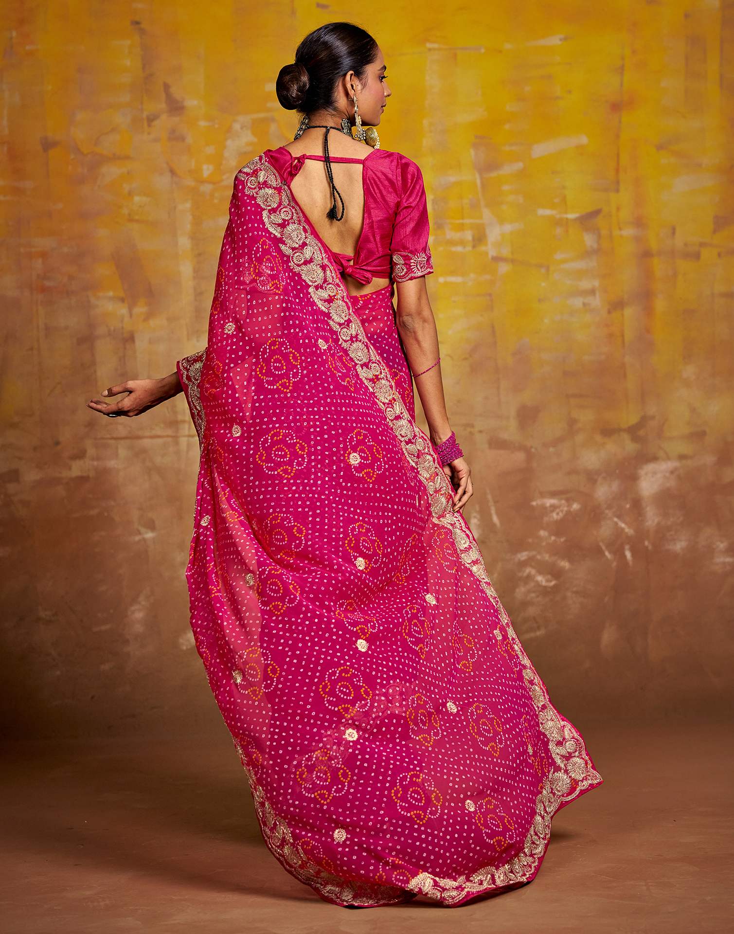 Rani Pink Georgette Bandhani Printed Saree