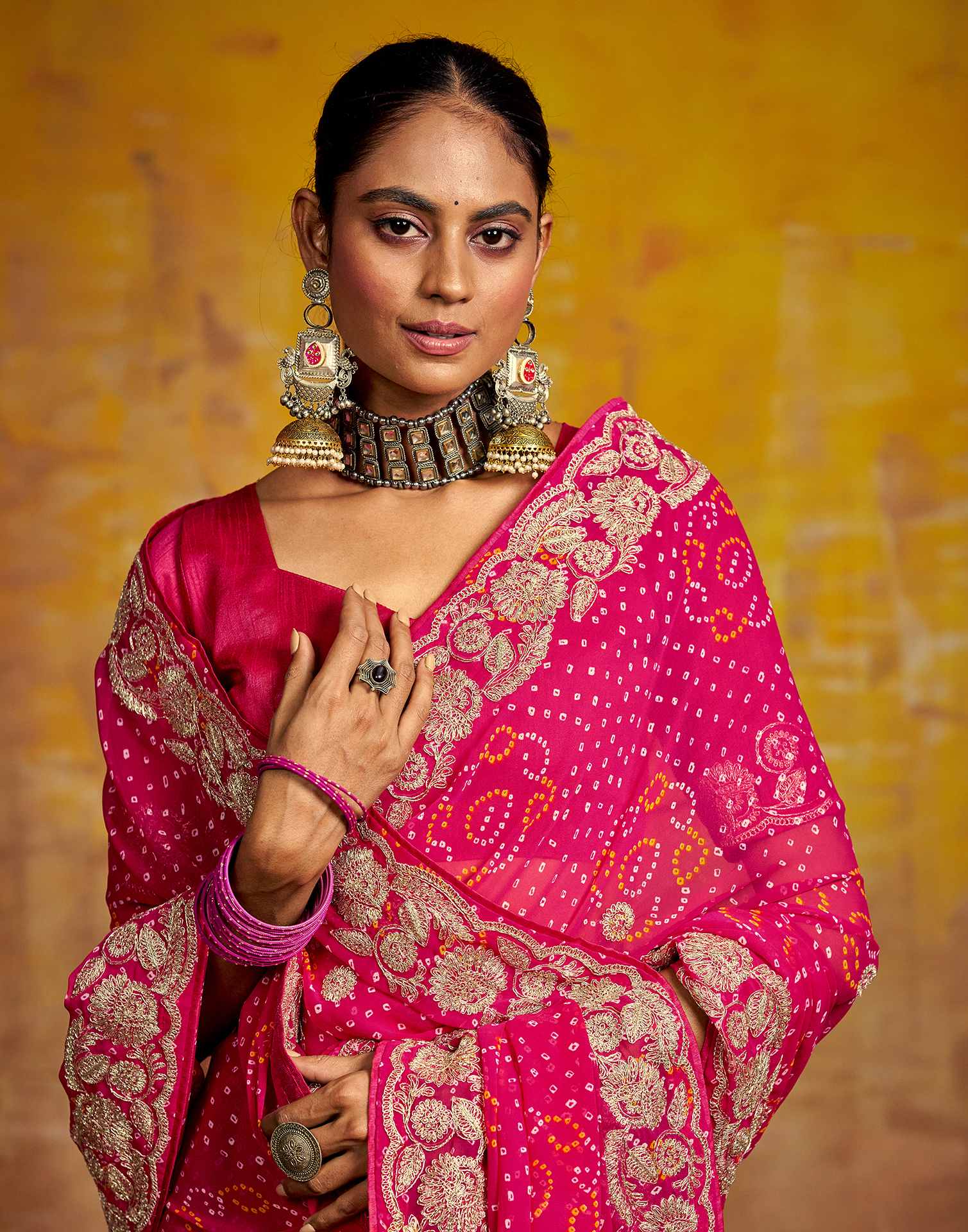 Rani Pink Georgette Bandhani Printed Saree