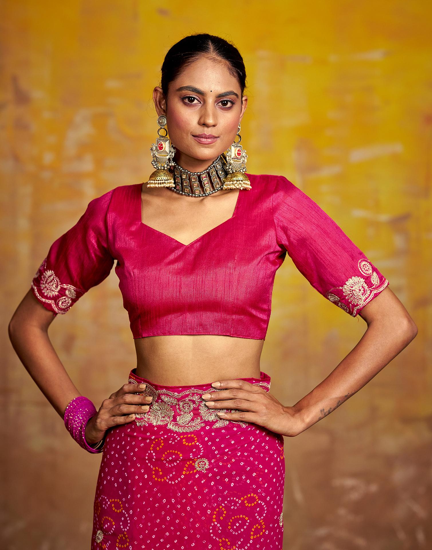 Rani Pink Georgette Bandhani Printed Saree