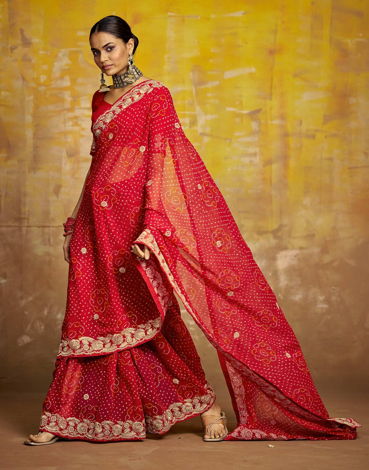 Red Georgette Bandhani Printed Saree