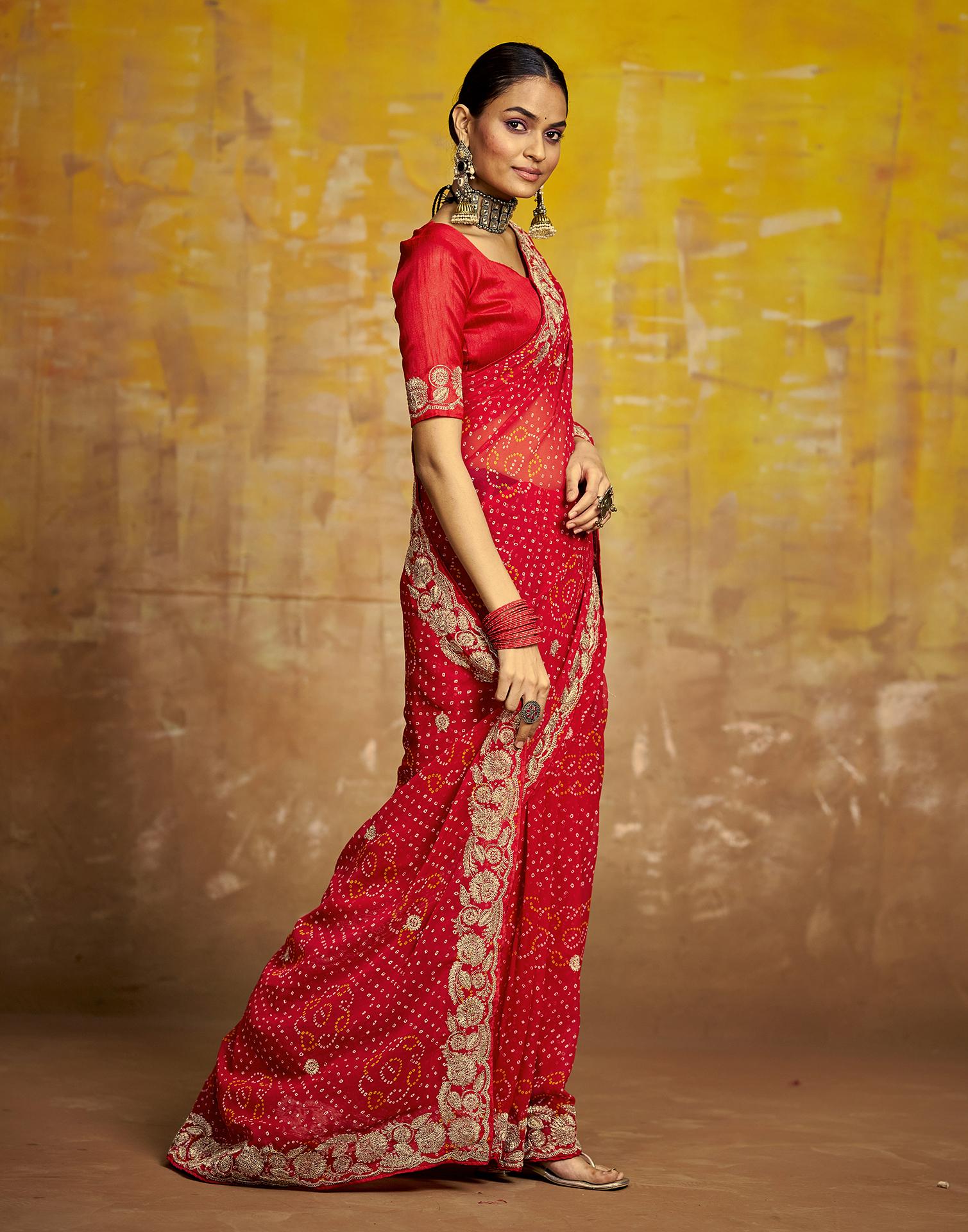 Red Georgette Bandhani Printed Saree