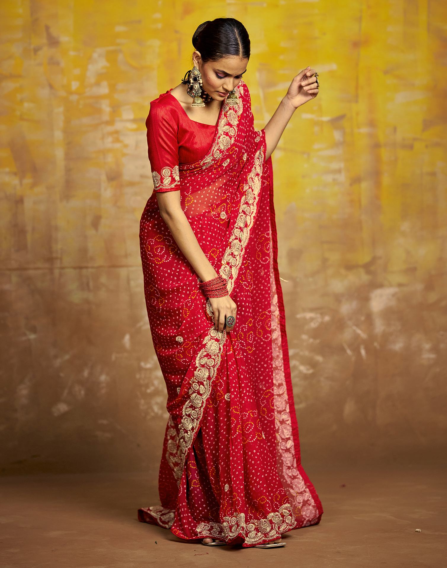 Red Georgette Bandhani Printed Saree