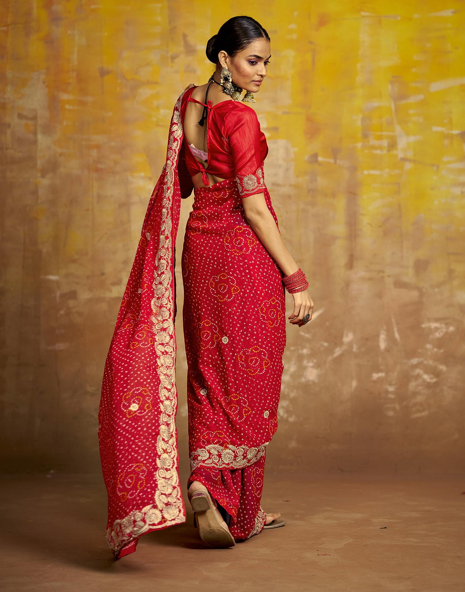 Red Georgette Bandhani Printed Saree