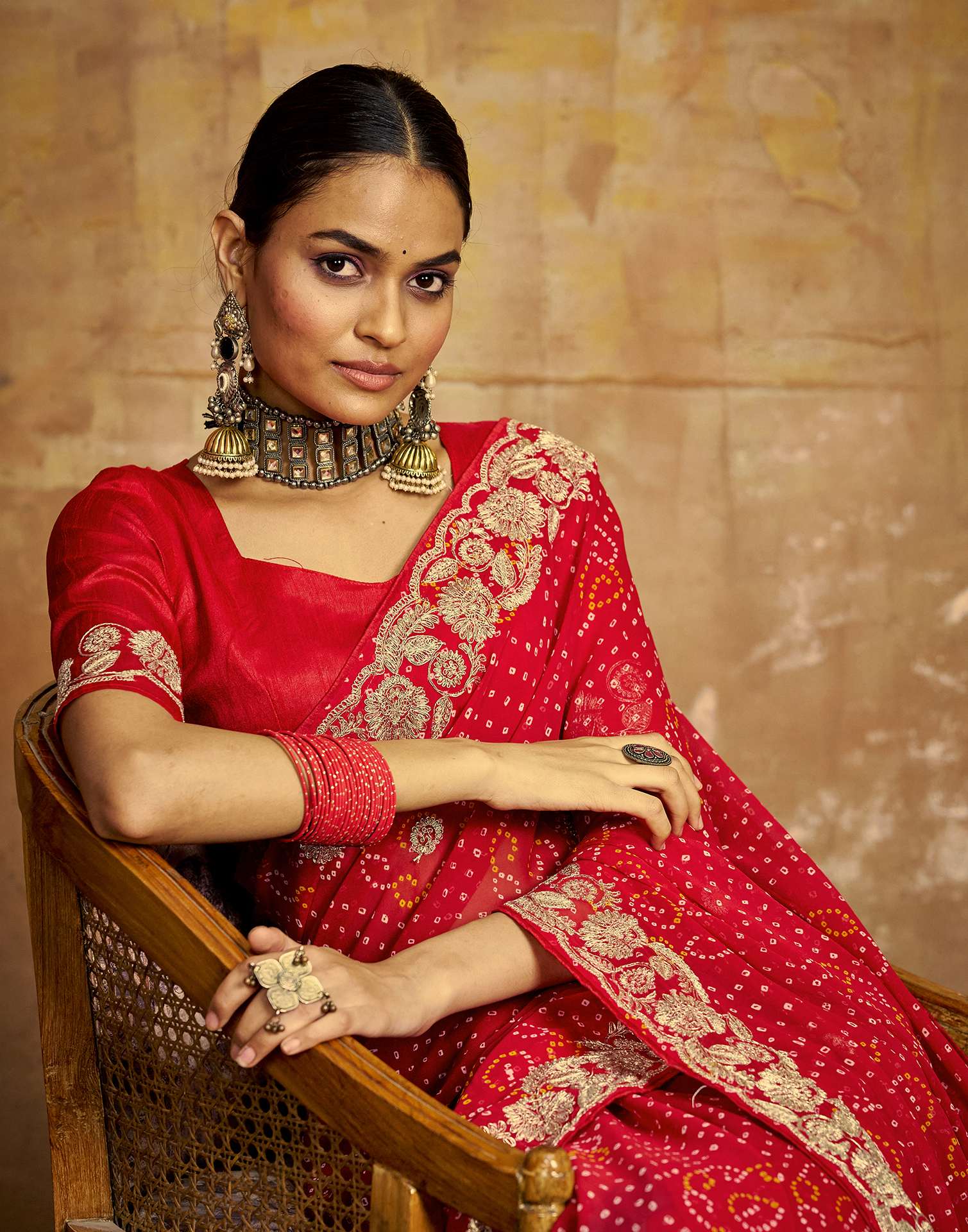 Red Georgette Bandhani Printed Saree