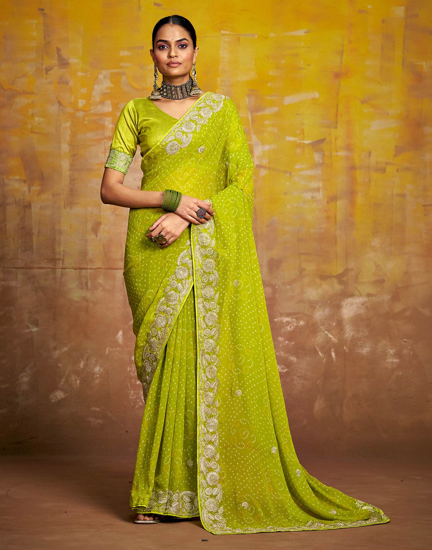 Green Georgette Bandhani Printed Saree