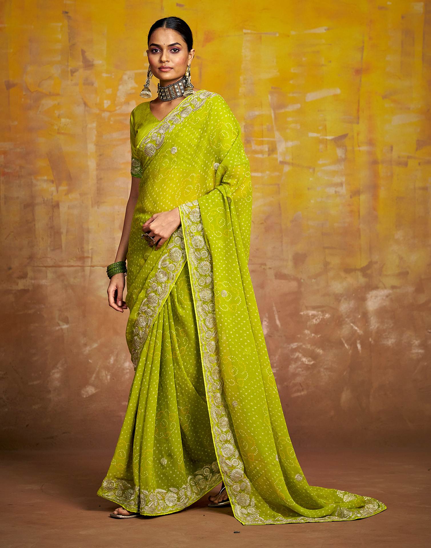Green Georgette Bandhani Printed Saree