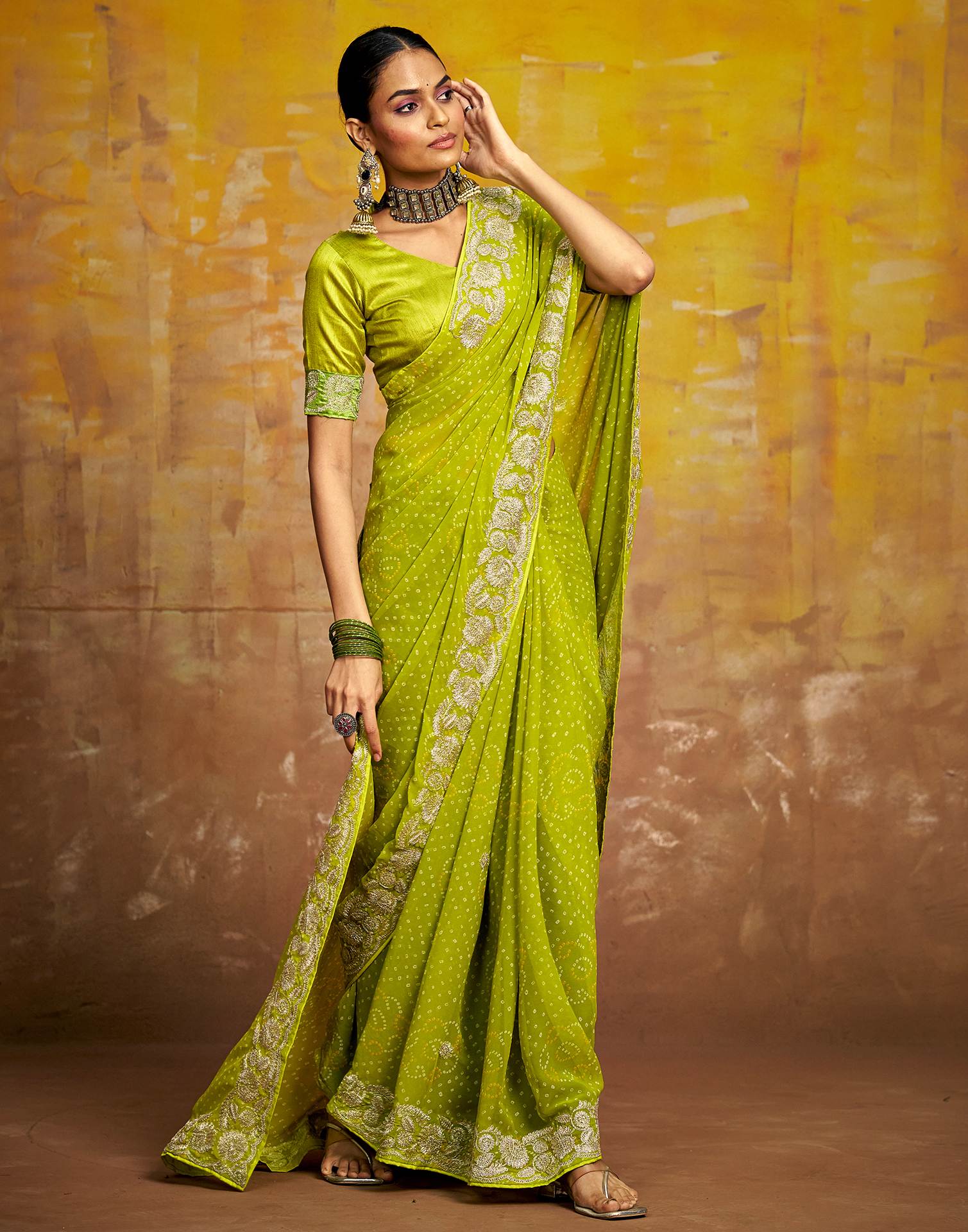 Green Georgette Bandhani Printed Saree