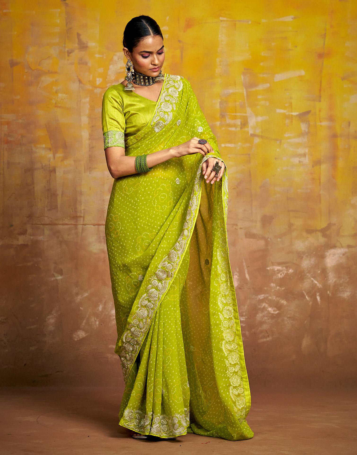 Green Georgette Bandhani Printed Saree