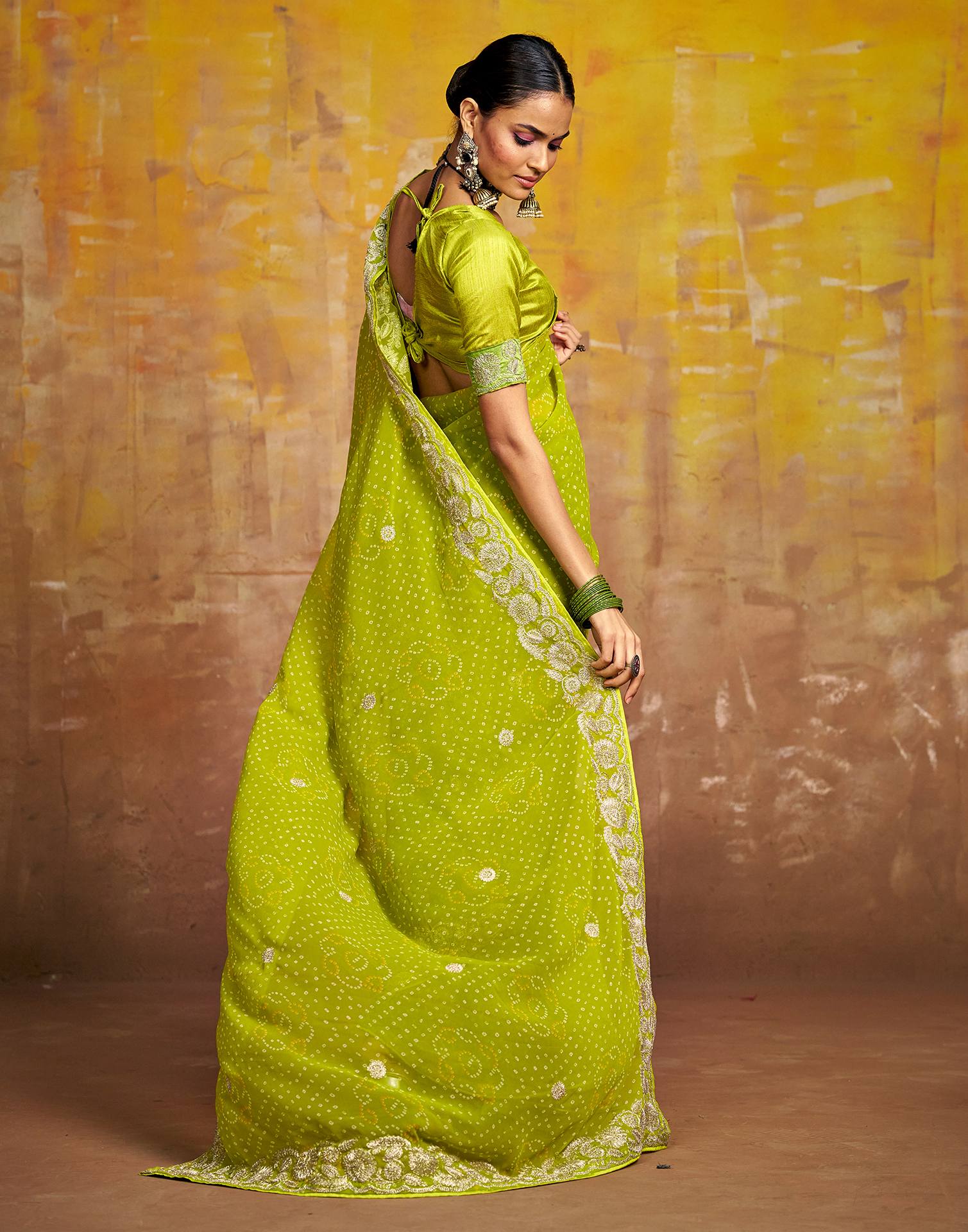 Green Georgette Bandhani Printed Saree
