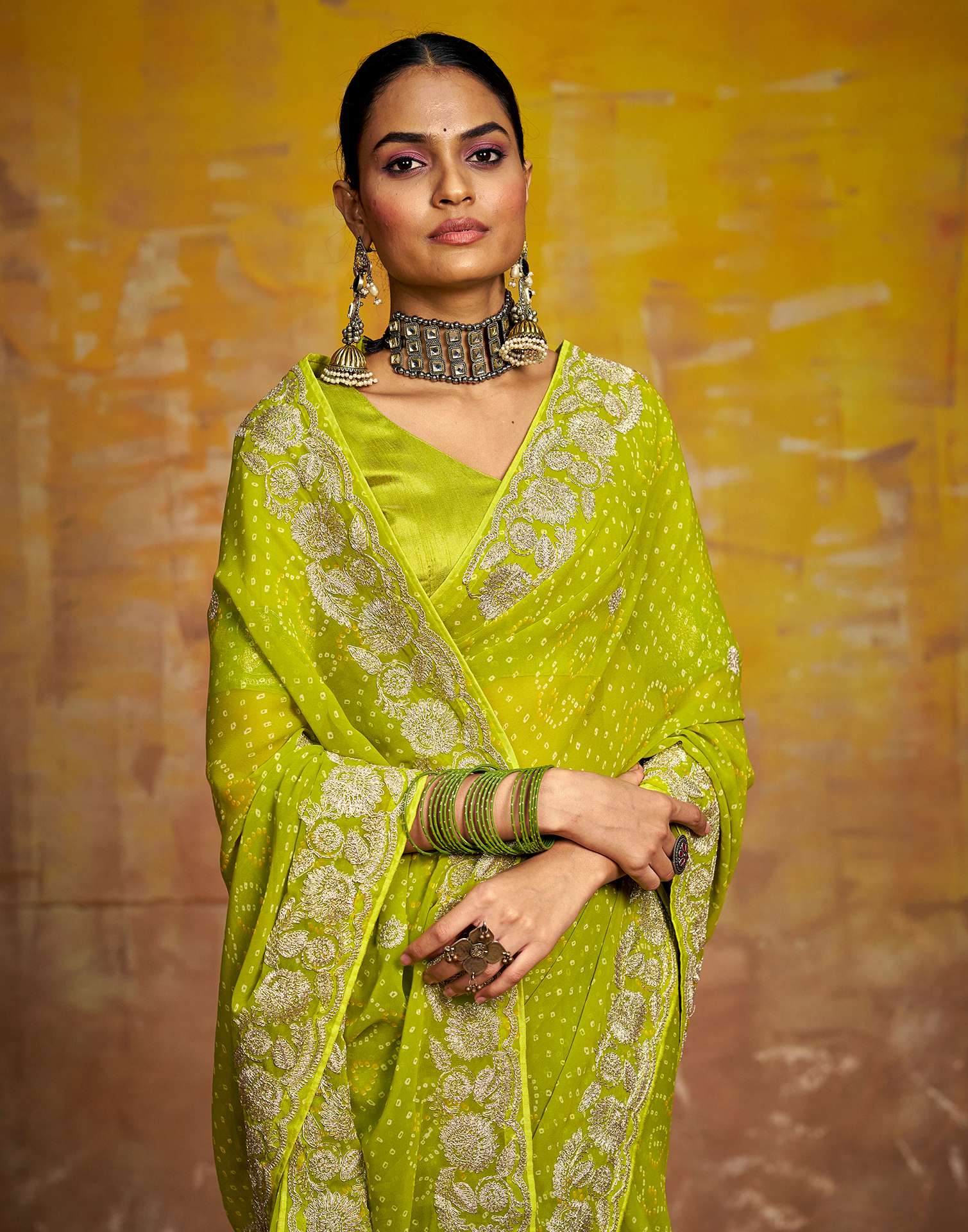 Green Georgette Bandhani Printed Saree