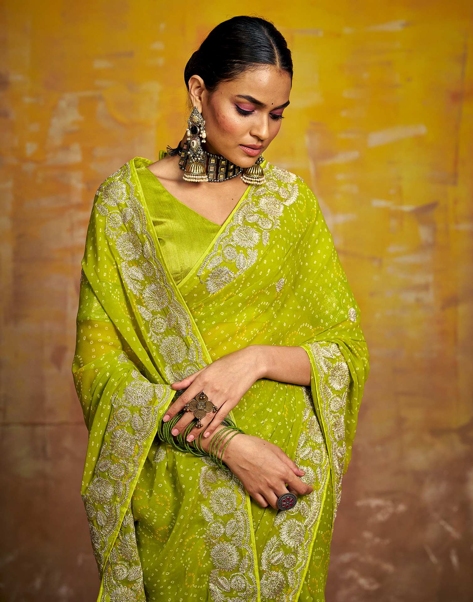 Green Georgette Bandhani Printed Saree