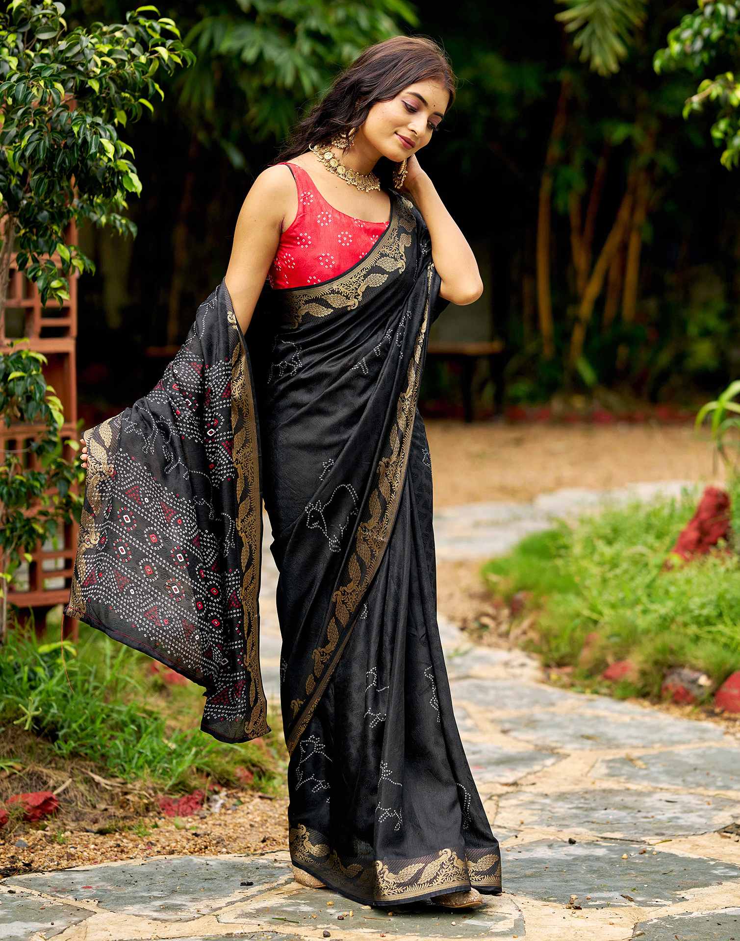 Black Silk Bandhani Printed Saree