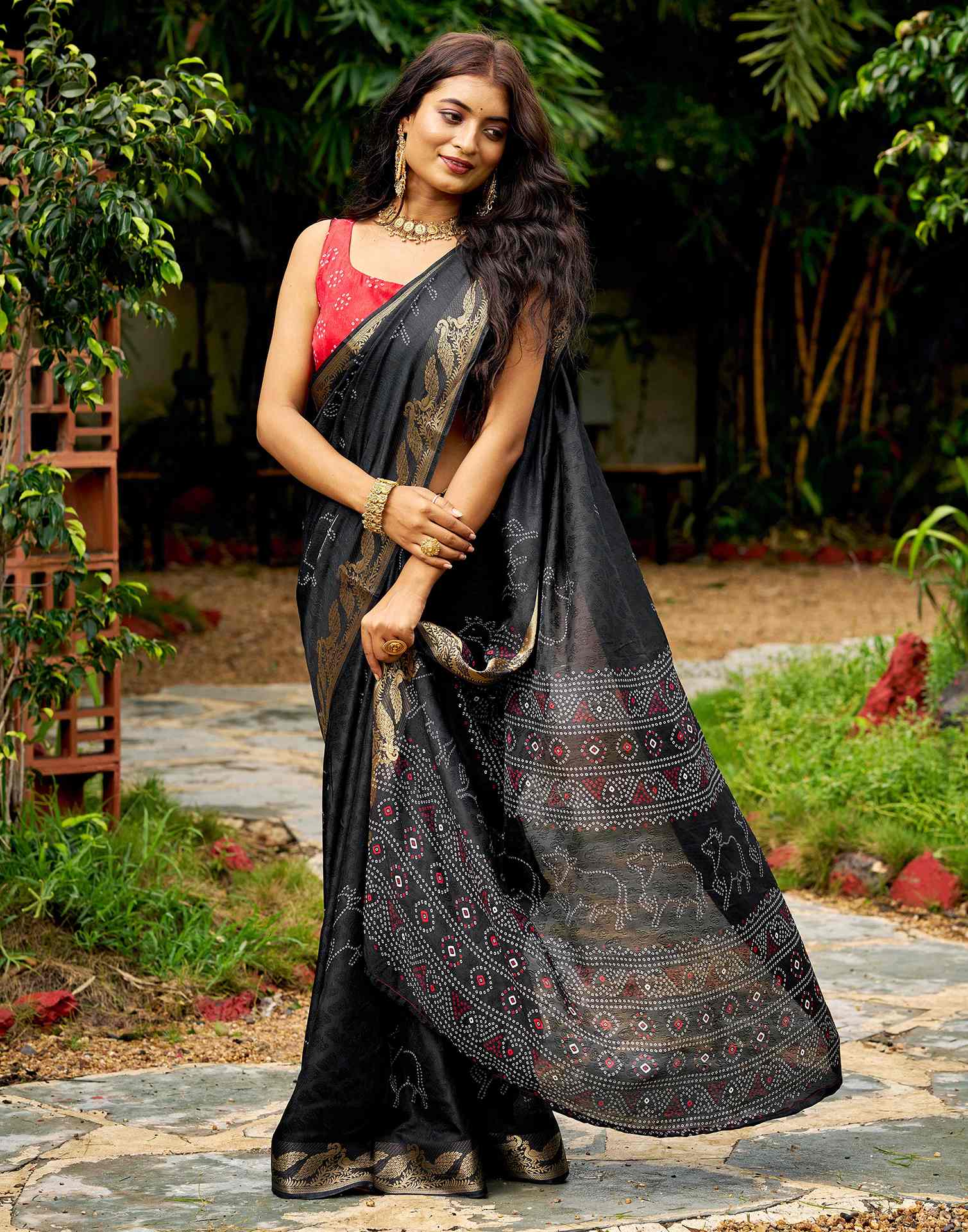 Black Silk Bandhani Printed Saree
