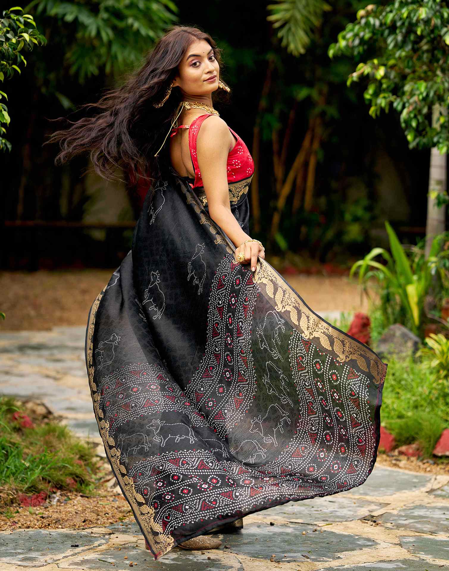 Black Silk Bandhani Printed Saree