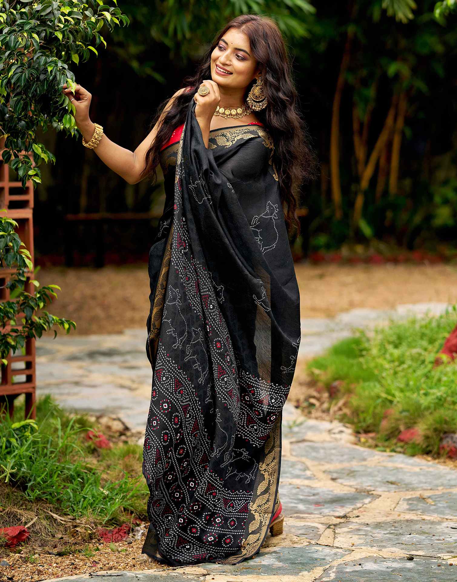 Black Silk Bandhani Printed Saree