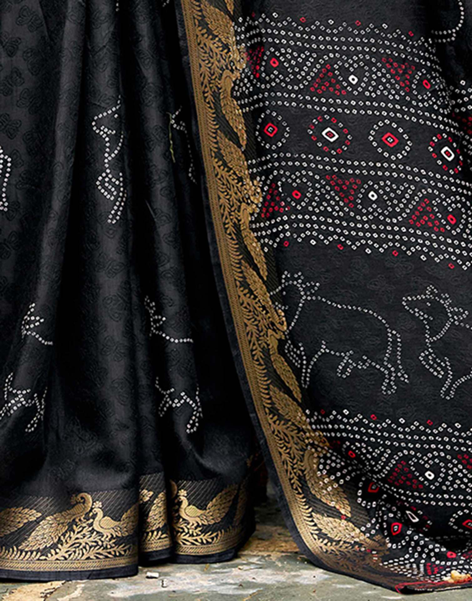 Black Silk Bandhani Printed Saree
