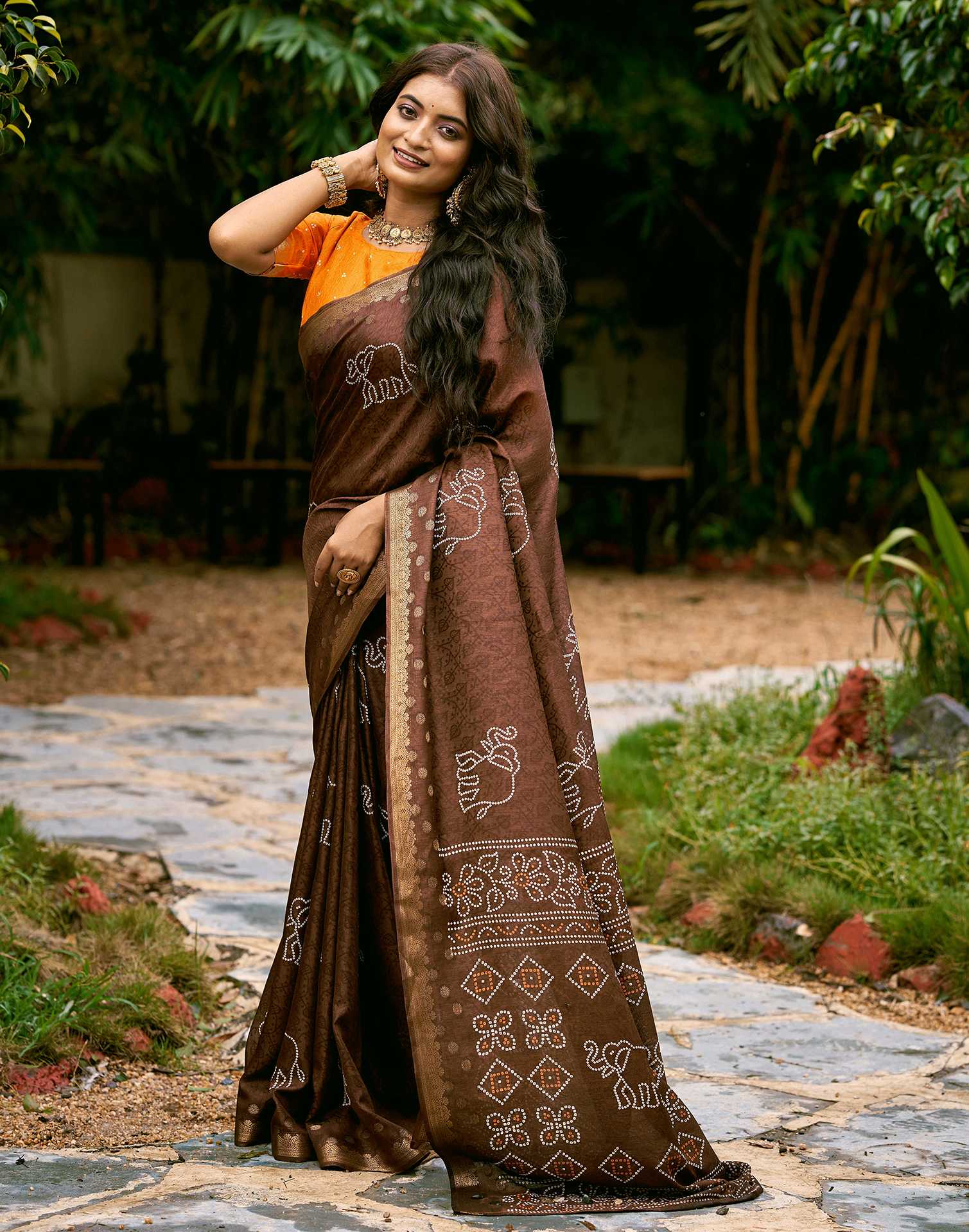 Brown Silk Bandhani Printed Saree