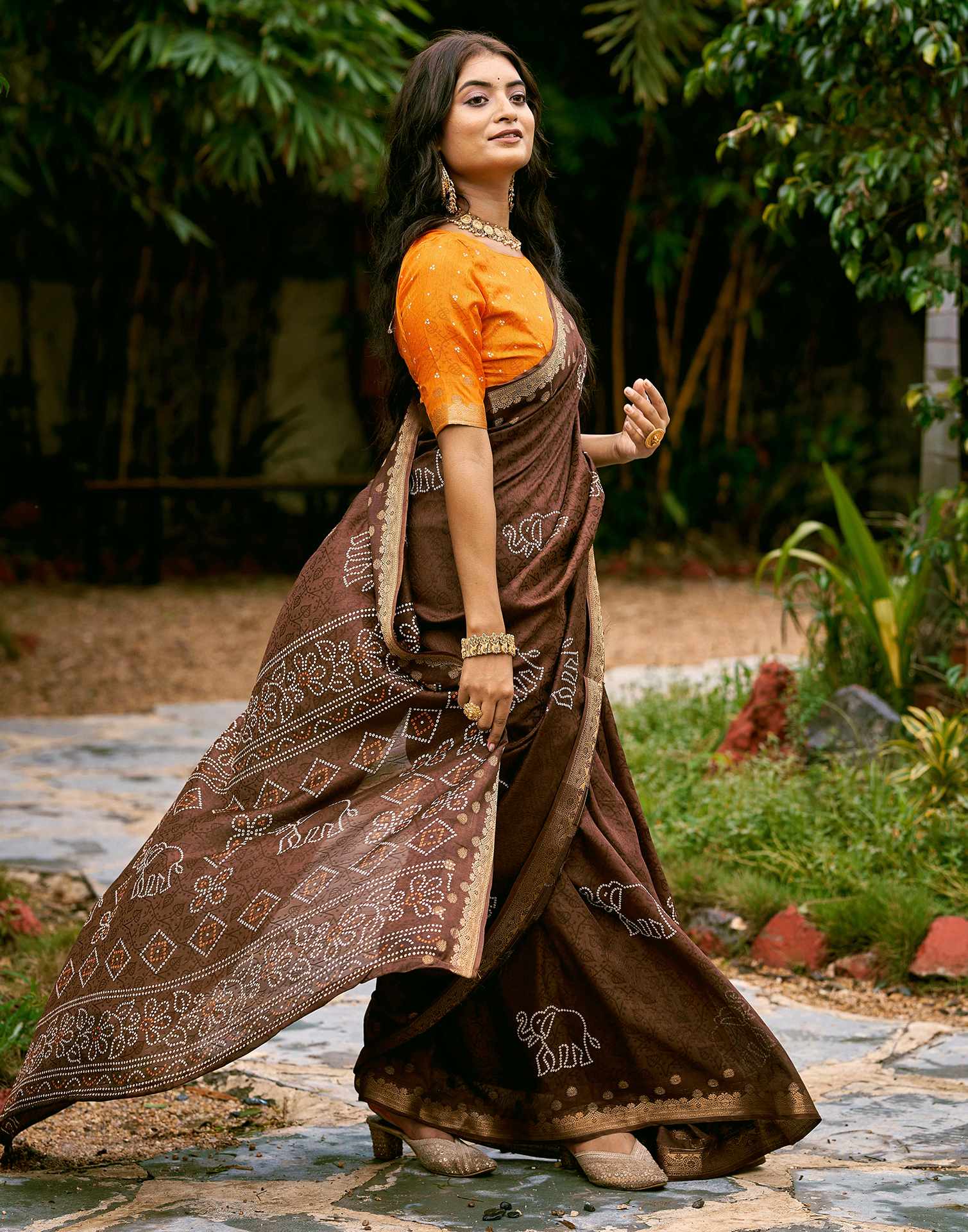 Brown Silk Bandhani Printed Saree